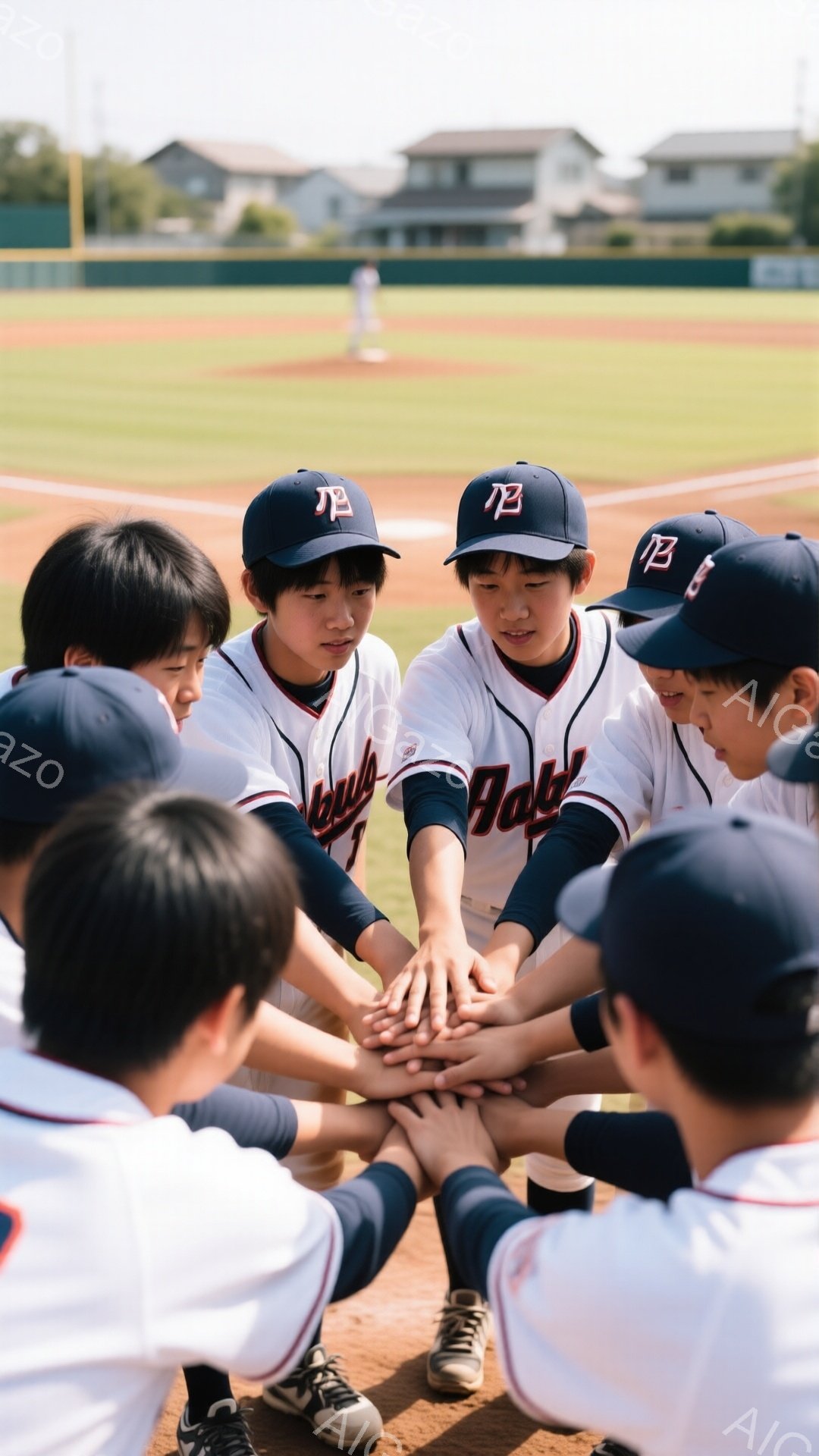 野球帽を被り、白いユニフォームを着た少年たちが円になって手をつないでいます。彼らは真剣な表情で、チームの一体感を高めているようです。背景には緑の野球場と、遠くに見える建物があり、晴天の下、活気のある雰囲気が漂っています。