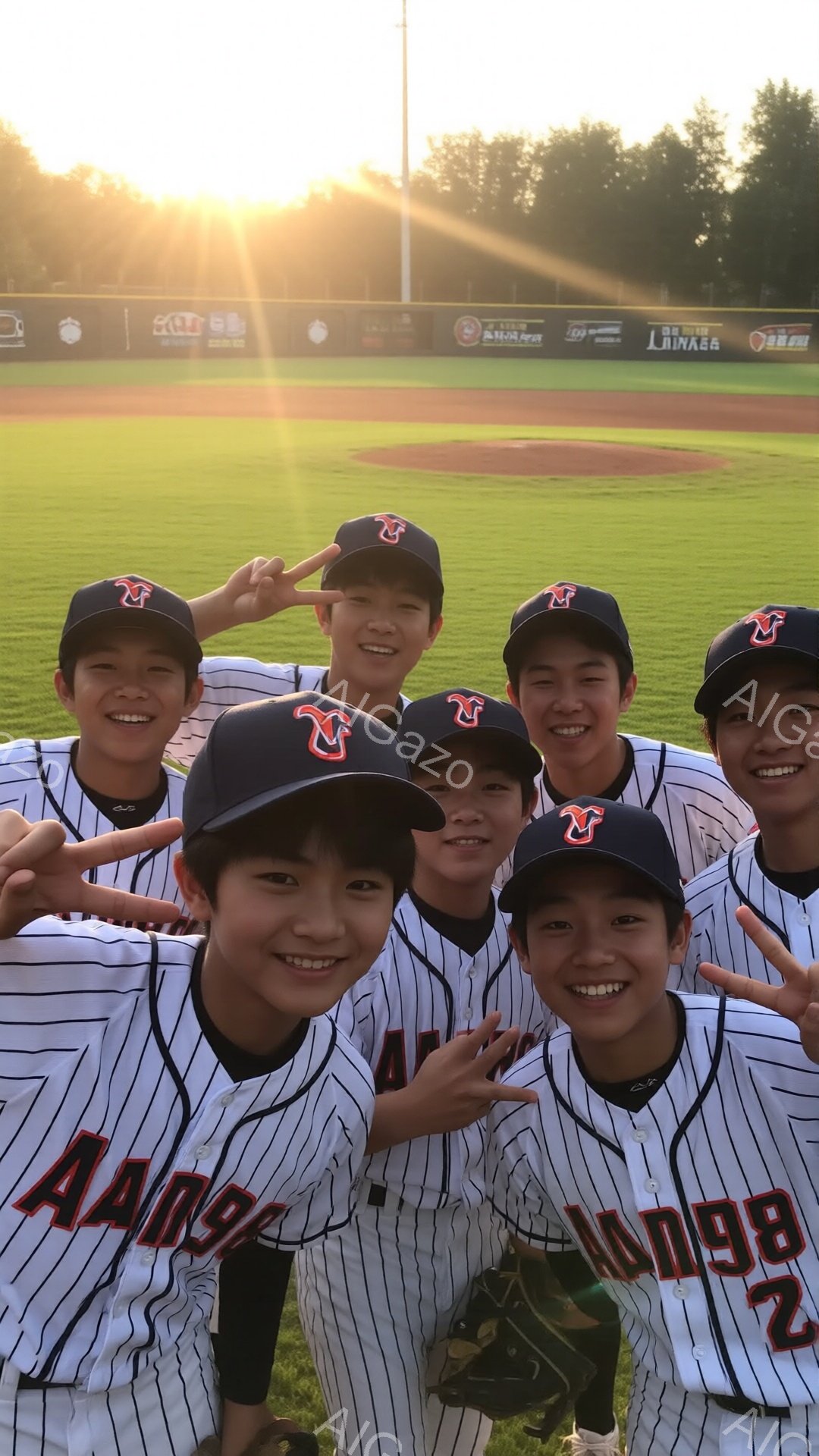 野球帽を被った少年たちが、野球場のグリーンフィールドで集合写真のためにポーズをとっています。少年たちは全員白いストライプのユニフォームを着ており、顔には明るい笑顔が見られます。背景には夕焼けが広がり、フィールド全体が温かい光に包まれています。