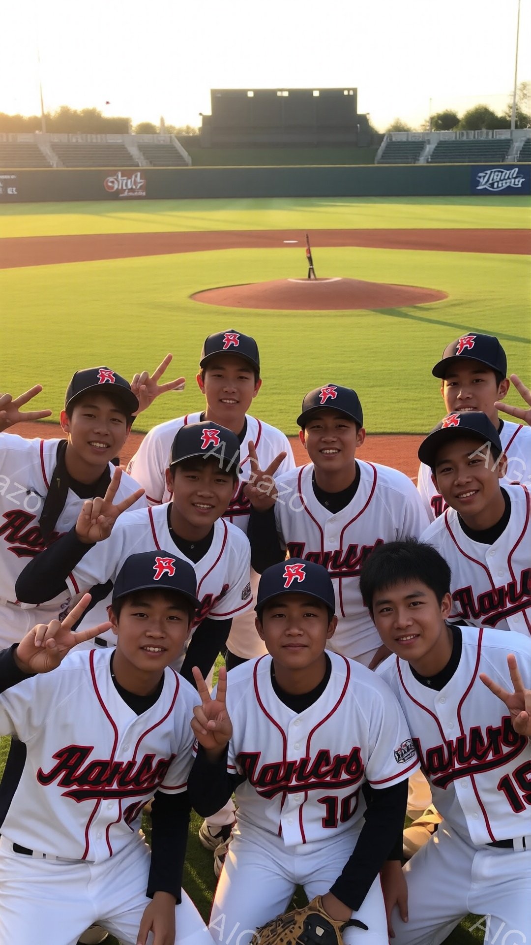 野球帽をかぶり、ユニフォームを着た少年たちが笑顔でカメラに向かってピースサインを送っています。彼らは皆、野球の試合が行われているグラウンドに立ち、背景には観客席と夕焼けが見えます。チームの一体感と勝利への喜びが伝わる、明るく元気な雰囲気の写真です。