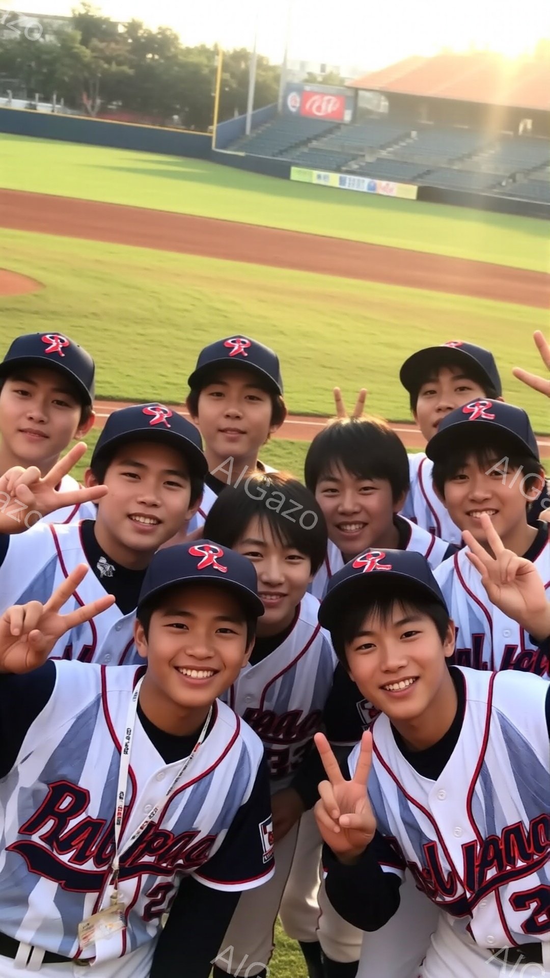 野球帽を被り、ユニフォームを着た少年たちが集まってピースサインを送っています。彼らは皆笑顔で、興奮と喜びが伝わってきます。背景には緑の野球場と観客席が見え、晴れた日の試合後の様子であることが分かります。