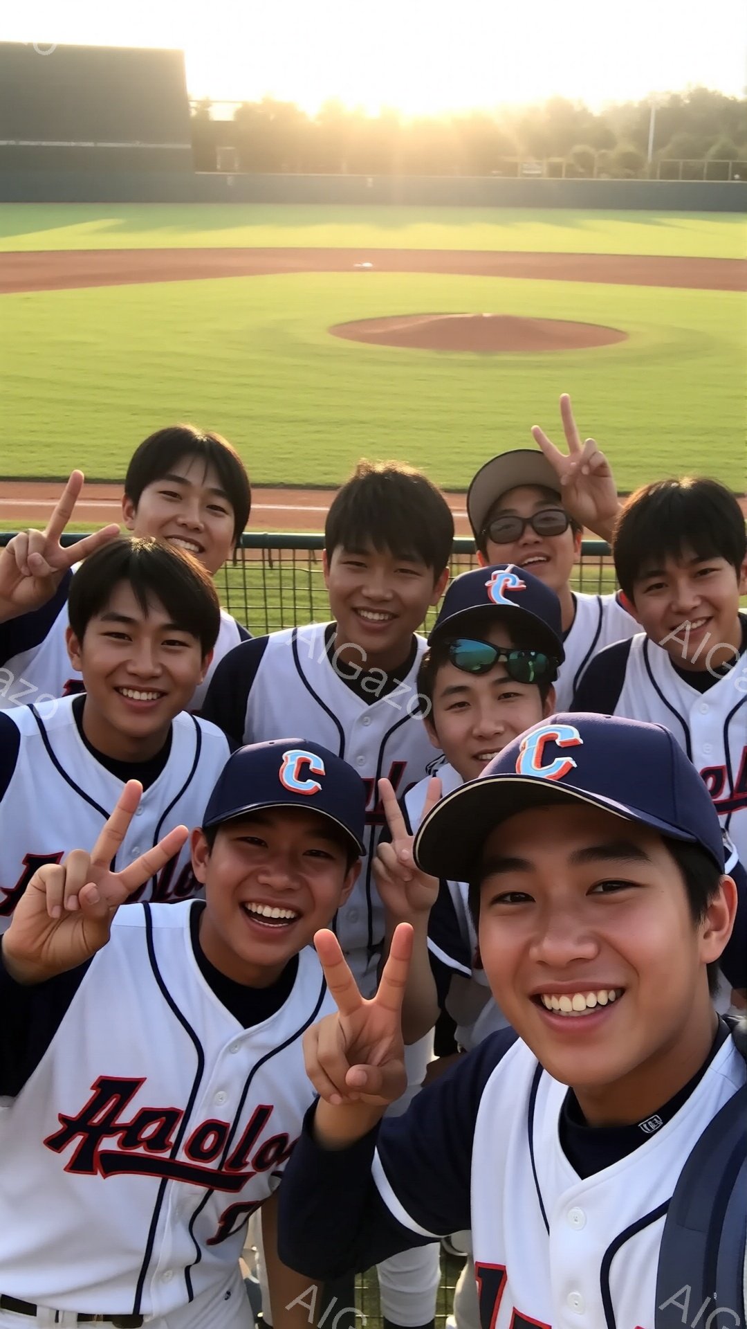 野球帽とユニフォームを着た少年たちが、笑顔で肩を組んでカメラに向かってポーズをとっています。多くの少年が勝利を意味する「Vサイン」をしています。背景には緑の野球場と夕焼けが見え、活気があり、喜びにあふれた雰囲気です。