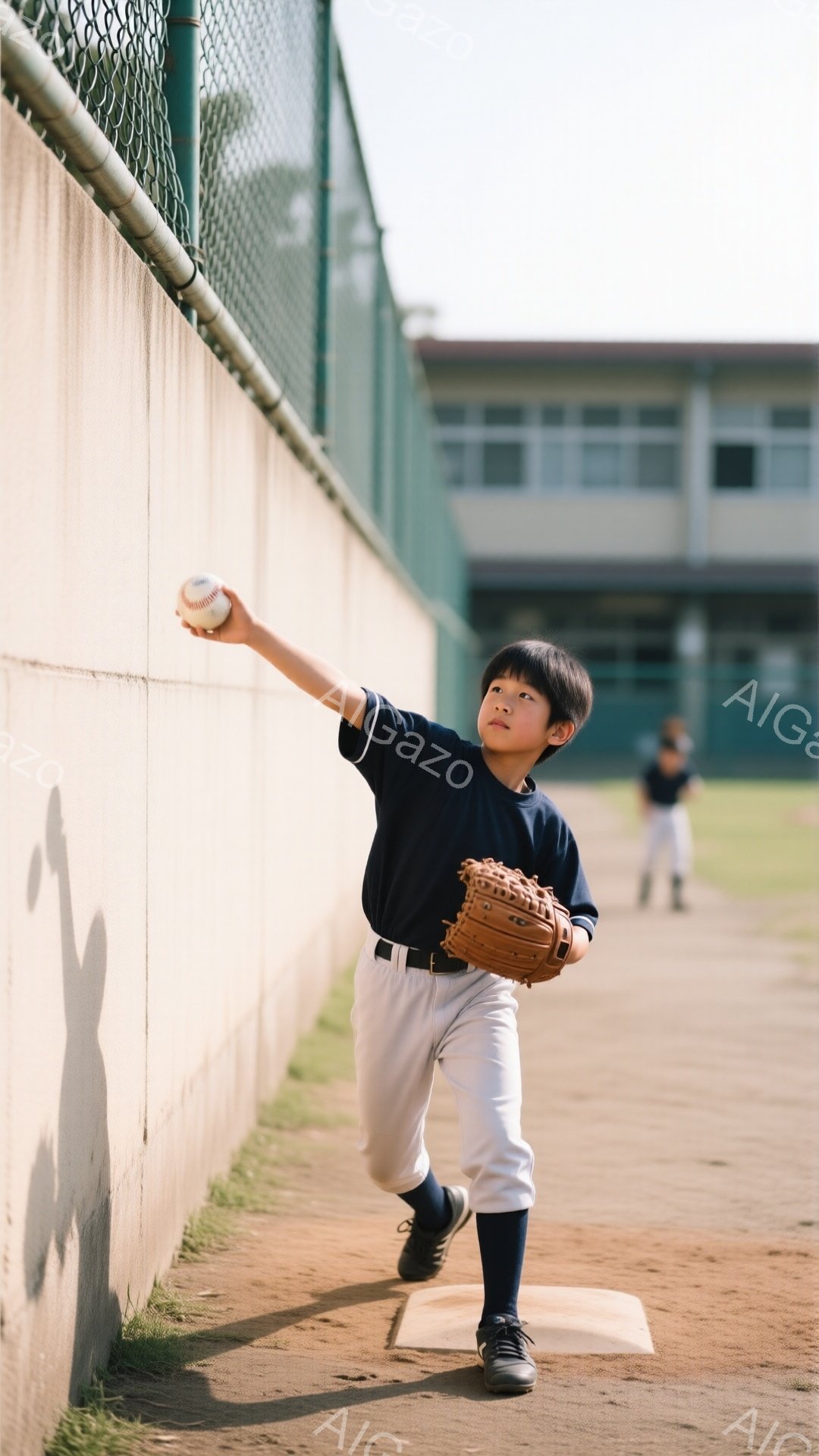 少年は野球の練習場でボールを投げようとしています。紺色のシャツと白いズボンを着用し、濃い靴下と黒い靴を履いています。背景にはフェンスと建物があり、日差しが強く、練習場の土のグラウンドがはっきりと見えます。