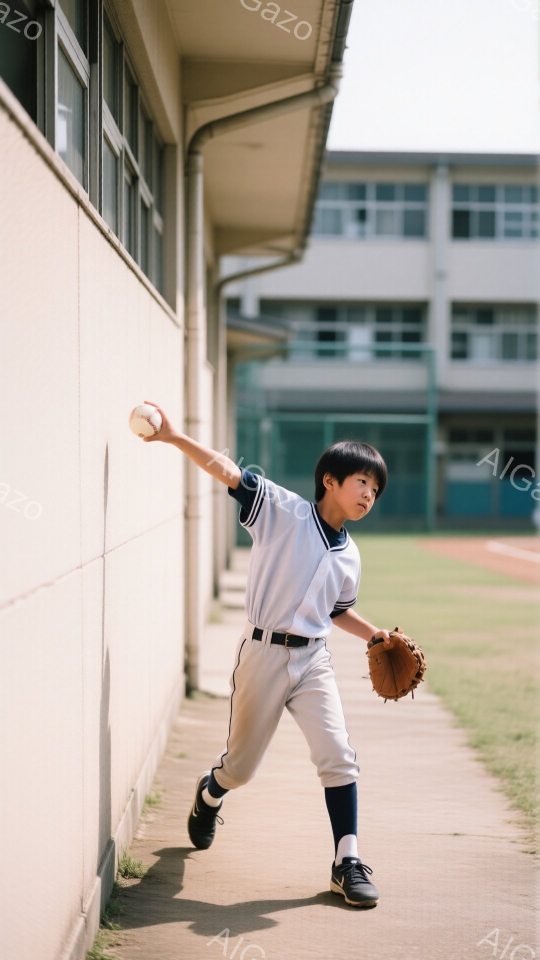 少年は野球のユニフォーム、白いシャツに紺色のライン、グレーのズボン、そして紺色のソックスと黒いシューズを着用し、野球のボールを投げるポーズをとっています。彼の髪型は短く、表情は真剣で集中しており、投球 - AI生成フリー素材