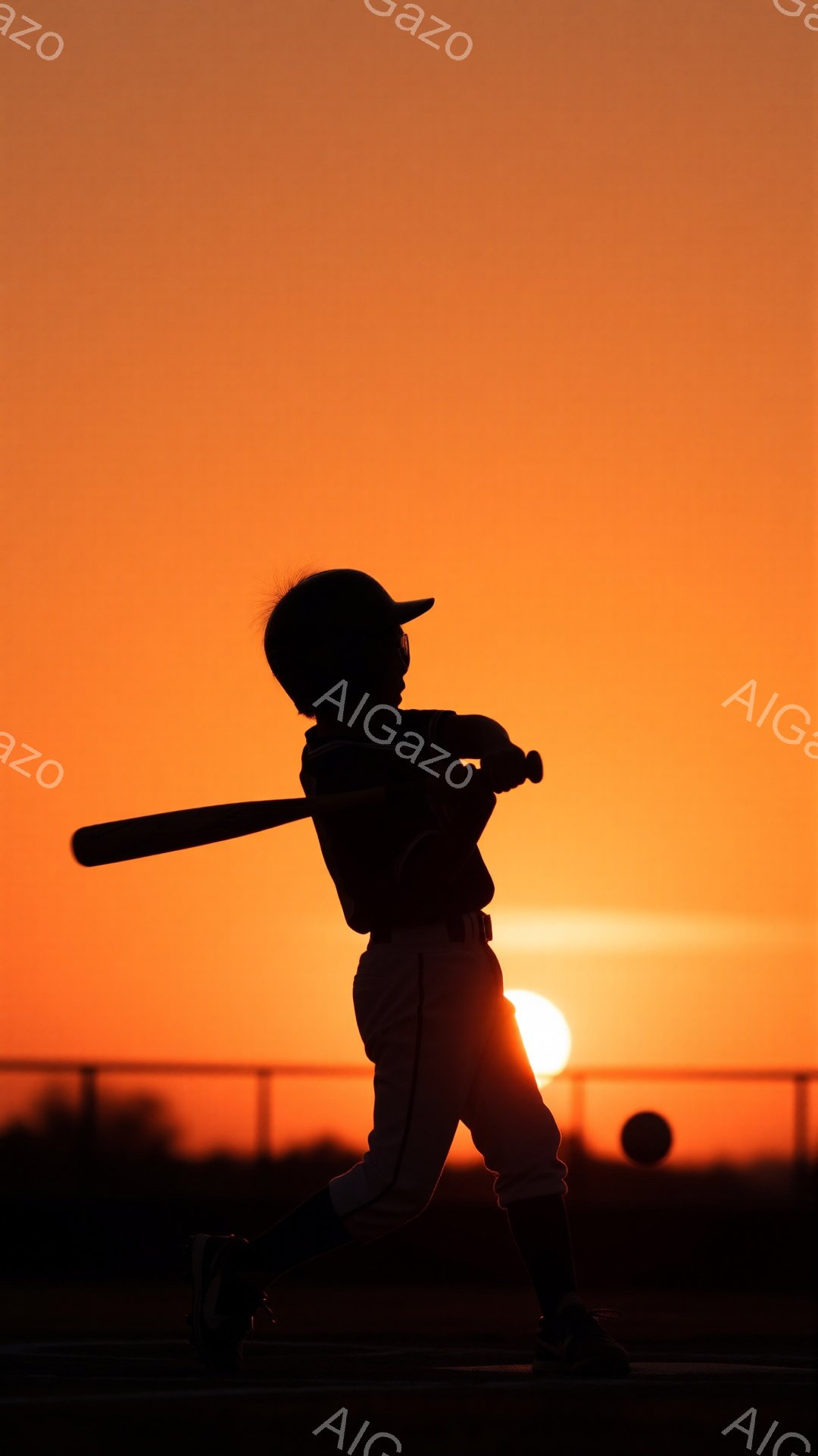夕焼けを背景に、少年がバッターボックスでバットを振るシルエットが捉えられています。野球のユニフォーム姿で、ヘルメットを被り、力強くスイングする姿は躍動感に満ちています。背景にはフェンスと太陽が沈む空が広がり、夕焼けのオレンジ色が少年の姿を照らし出しています。