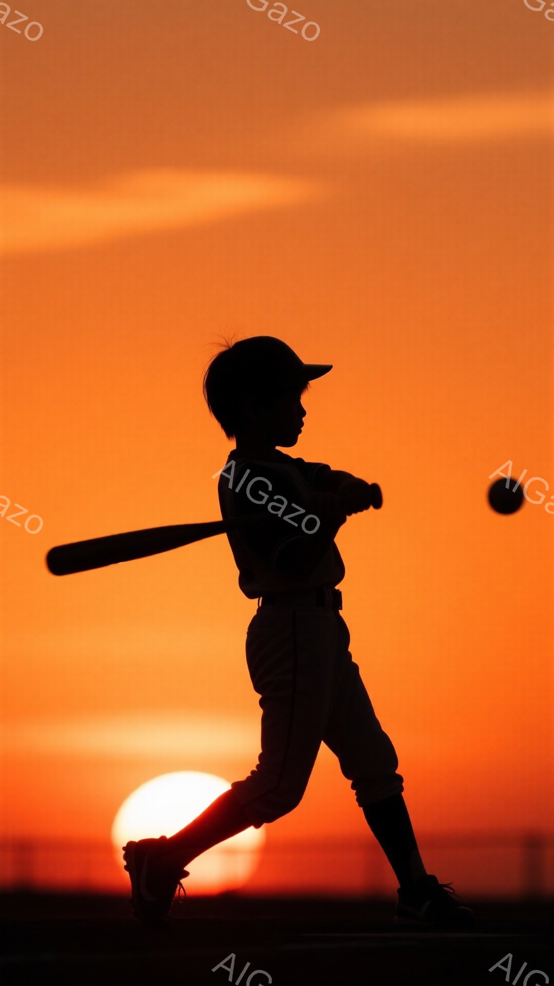 野球帽を被り、野球ユニフォーム姿の少年が、バットを構えてスイングしているシルエットです。背景は夕焼けで、太陽が地平線に沈みかけており、少年と太陽がシルエットで描かれています。全体的に、スポーツと青春の - AI生成フリー素材