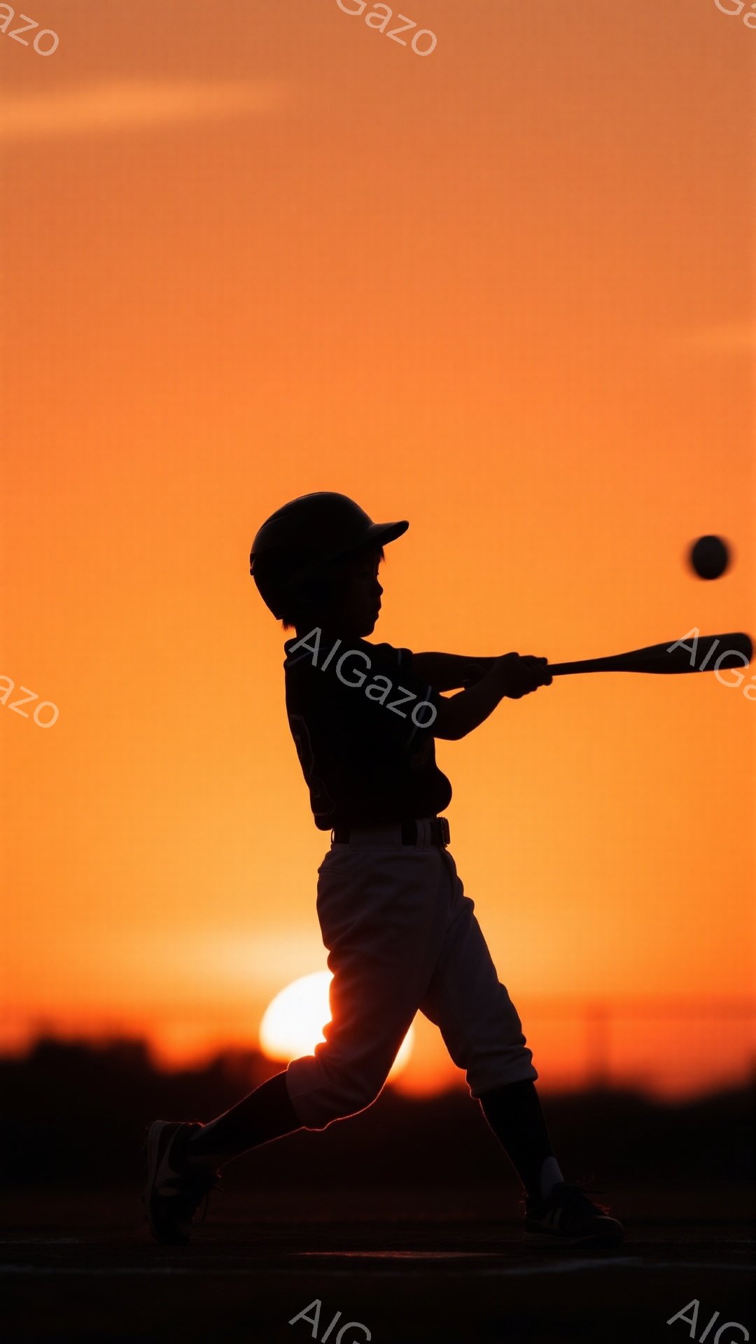 夕焼けを背景に、少年が野球のバットを振る姿がシルエットで描かれている。少年はヘルメットとユニフォーム姿で、右手にバットを持ち、左足を大きく踏み出して力強くスイングしている。空は燃えるようなオレンジ色で - AI生成フリー素材