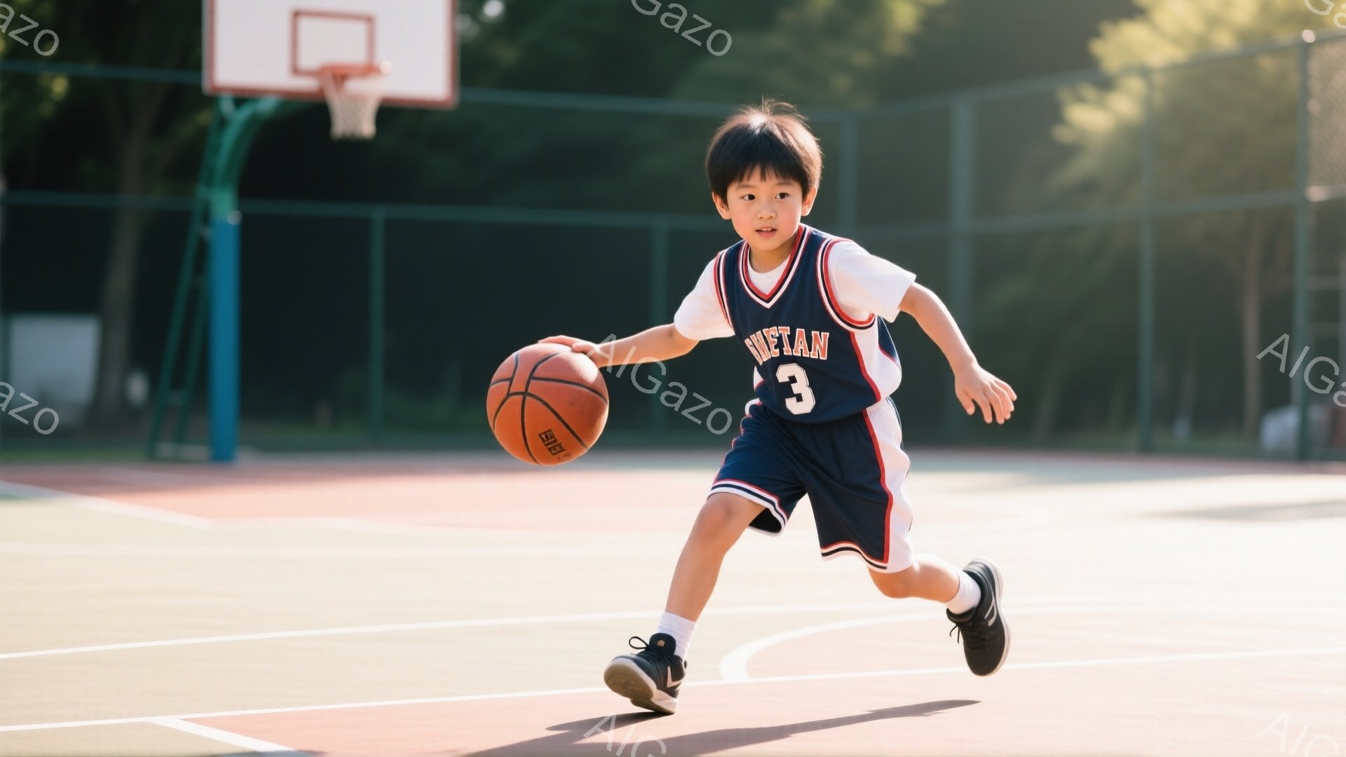 小さな男の子がバスケットボールを持って、コートを走っている。紺色のユニフォームに「3」という数字が描かれ、スポーティーな装いをしている。背景は明るい日差しが差し込むバスケットボールコートで、緑の木々が見える晴れた日の様子が伺える。