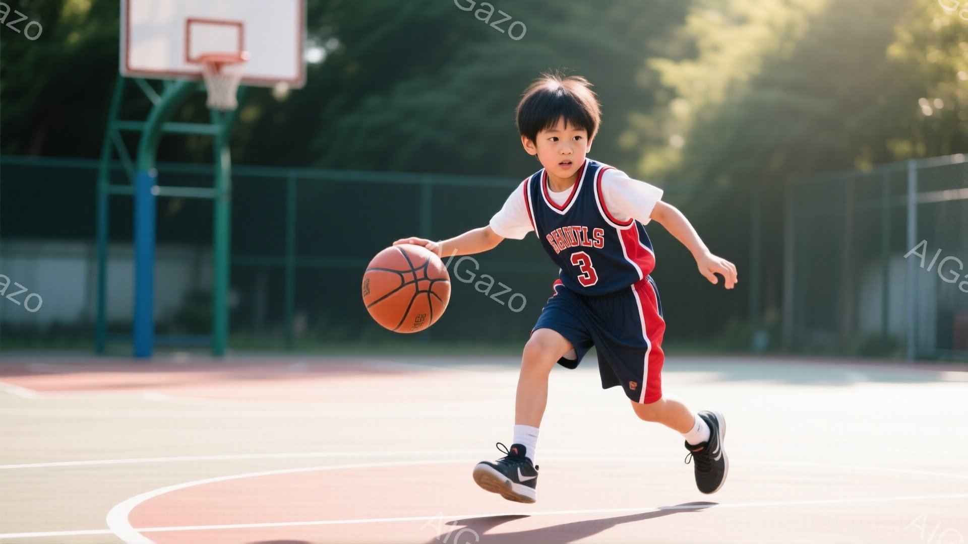 男の子はバスケットボールコートでドリブルをしている。赤と紺色のユニフォームを着ており、背中には「3」の数字が大きく書かれている。空は晴れていて、コートは屋外にあり、活気のある雰囲気である。 - AI生成フリー素材