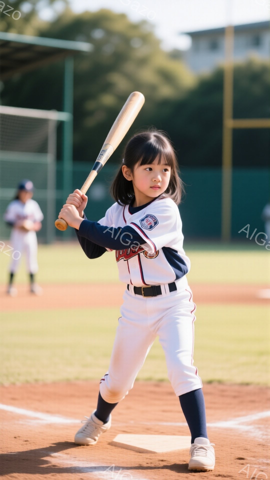 明るい日差しの中、少女が野球のバットを構えている。紺と白のストライプのユニフォームに、赤いベルトを締め、野球帽を被っている。彼女は真剣な表情で、構えはしっかりと安定しており、野球場の一塁側のライン上に立っている。