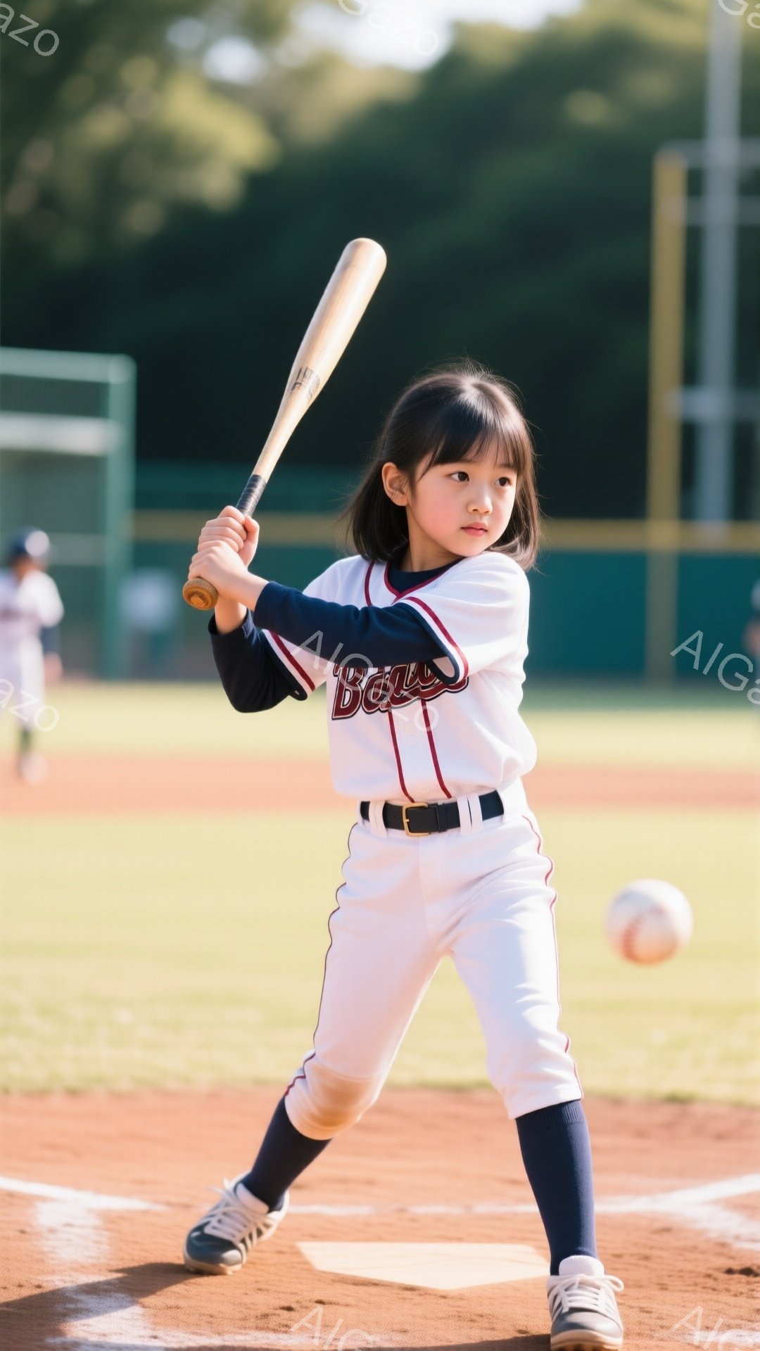 女の子が野球のバットを構え、打つ姿勢をとっています。白とネイビーのユニフォームに黒いベルト、髪は後ろで一つに結ばれており、真剣な表情でボールを見つめています。背景には緑の芝生と野球のバックネットが見え、晴れた日の屋外での練習風景であることがわかります。