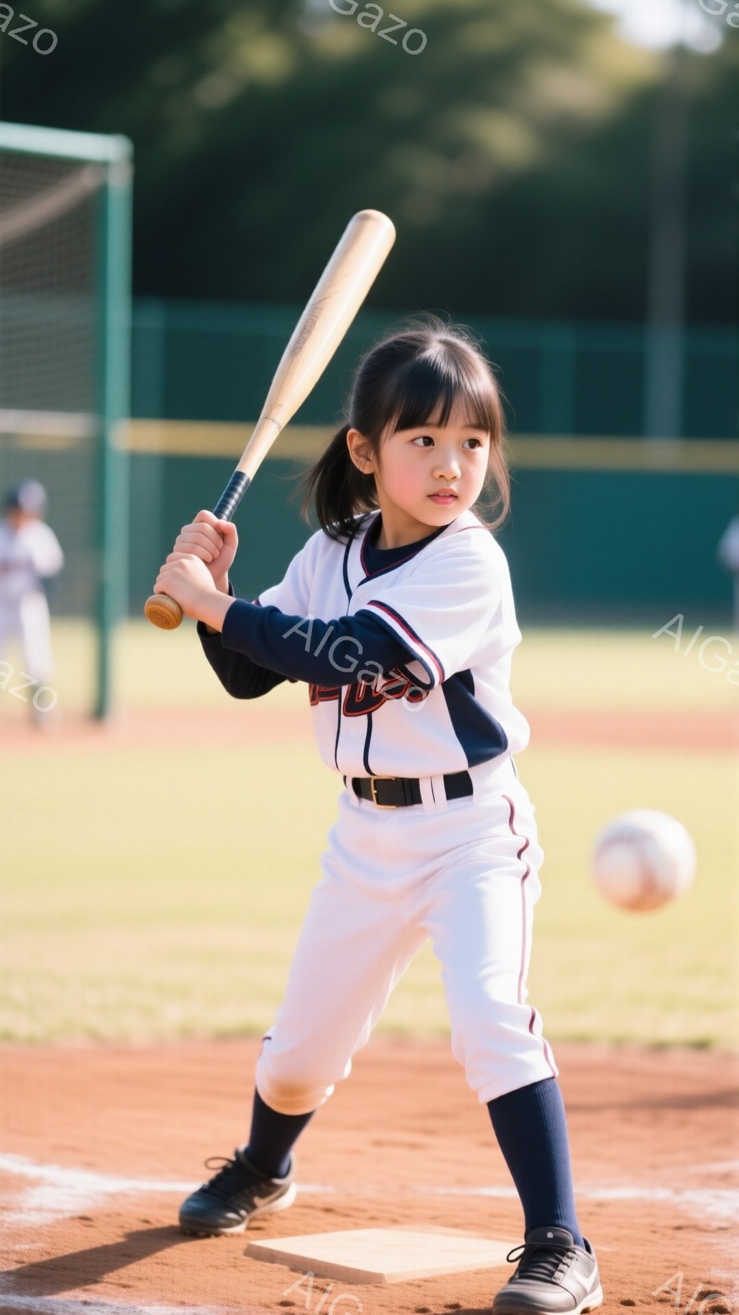 茶髪の幼い女の子が野球のバッターボックスに立ち、バットを構えています。白いユニフォームに紺色のソックスと靴を履き、集中した表情でボールを睨んでいます。背景には緑のフェンスと野球場、そして晴れた空が見え、活気のある練習風景を捉えています。