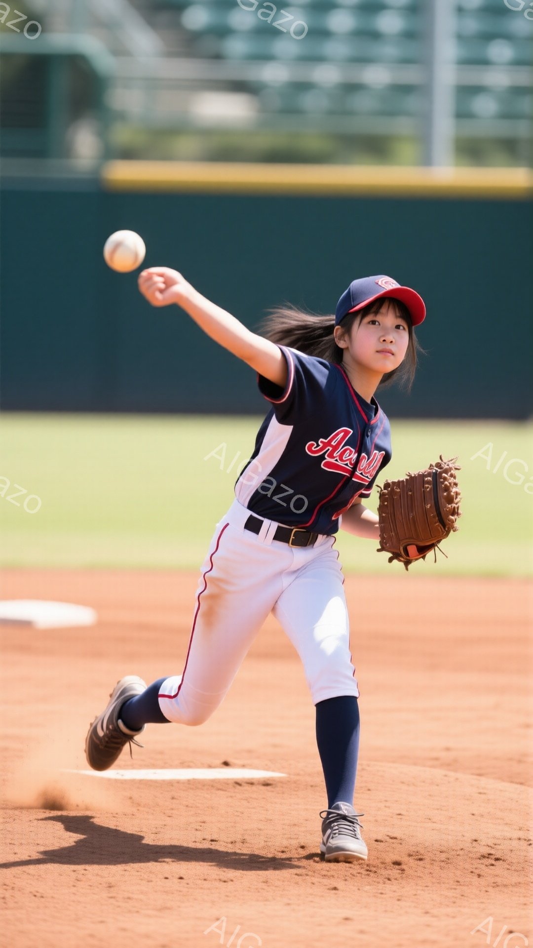茶髪の少女が野球のピッチングをしている様子が写っている。紺色と赤のストライプが入ったユニフォーム、白いズボン、紺色のソックス、野球帽を身につけており、右手にボール、左手にグローブを持ったダイナミックなフォームで投げている。背景には野球場が見え、晴天の下、活気のある雰囲気である。