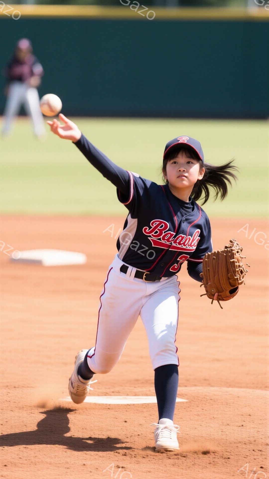 茶色の土の野球場で、若い女の子が野球のボールを投げようとしているところです。彼女は紺色と赤のユニフォーム、白いレギンス、スニーカーを着用し、髪はポニーテールに結ばれています。背景には緑の芝生とぼやけた建物があり、晴れた日のようです。