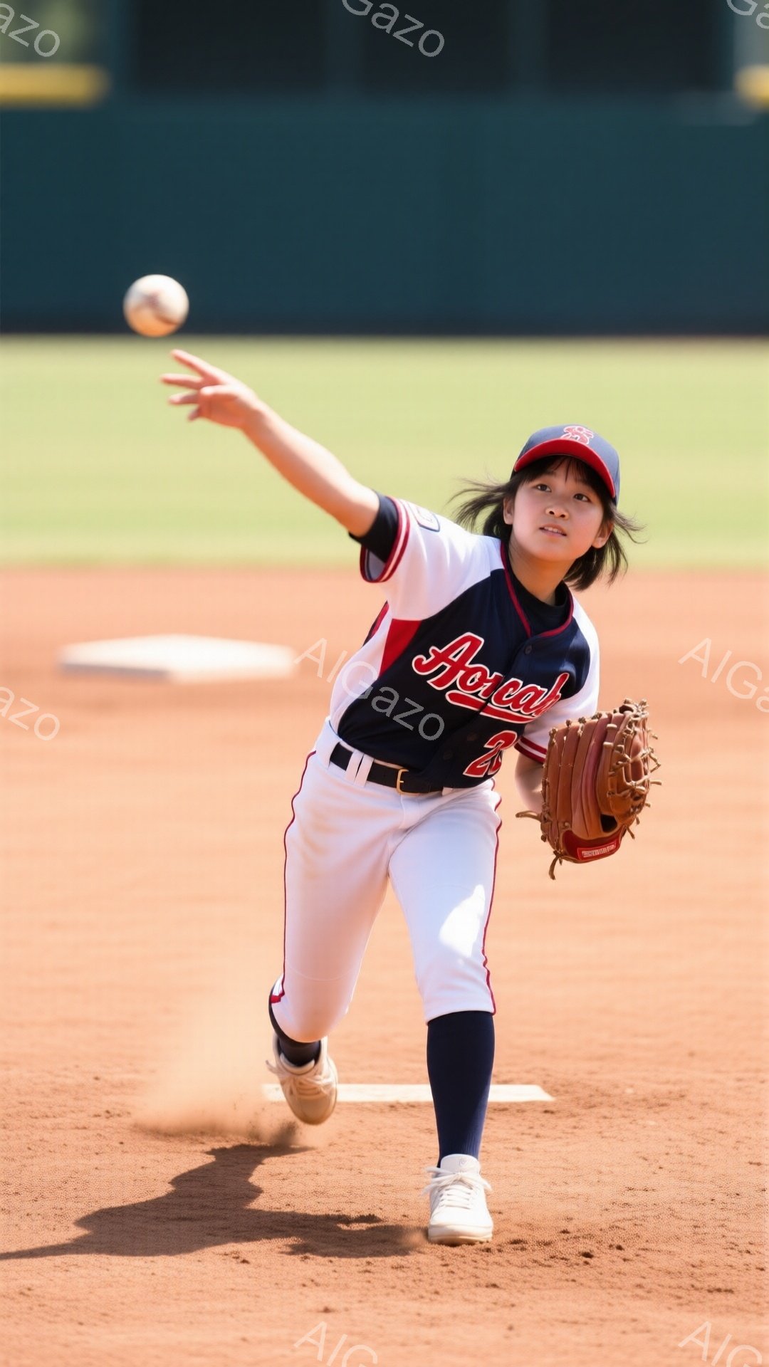 少女は野球の試合中に投球の動作をとっています。赤とネイビーのユニフォームに白のズボンを着用し、帽子を被っています。背景は土のグラウンドと緑の芝生、そして遠くに見える建物で、晴天の下でのプレーを暗示して - AI生成フリー素材