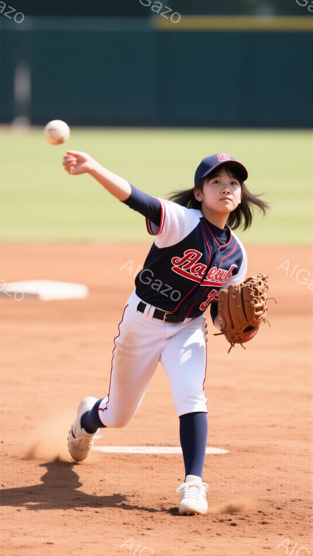 女の子は野球場で投球の動作をしています。紺と赤のストライプのユニフォームに帽子をかぶり、髪は後ろでポニーテールに結ばれています。背景には緑のフィールドと遠くに見える建物があり、晴天で明るい雰囲気です。