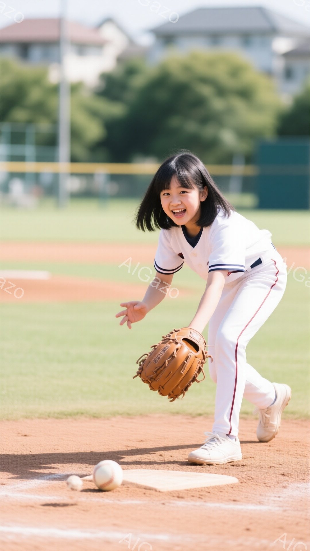 茶髪の少女が野球場でしゃがみ、ボールを捕まえようとしている。白とネイビーの野球ユニフォームを着て、明るい笑顔を浮かべており、集中した表情が印象的だ。背景には緑の芝生と土のグラウンド、そしてぼやけた建物が見え、晴れた日の活気ある練習風景を捉えている。