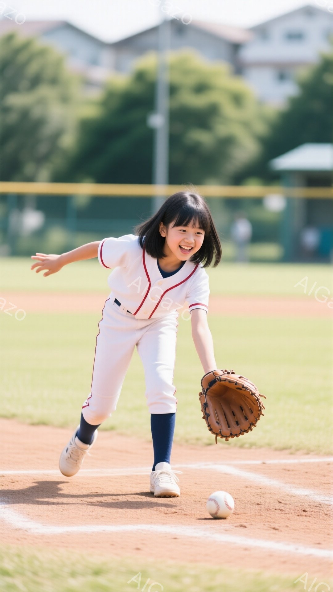 少女は野球場で、野球のグローブを構えながら、前かがみでボールを捕まえようとしています。白い野球着にネイビーのズボンを履き、髪は短くおろして笑顔を見せています。背景には緑の芝生とグラウンド、遠くには建物が見え、晴天の下、活気に満ちた雰囲気です。