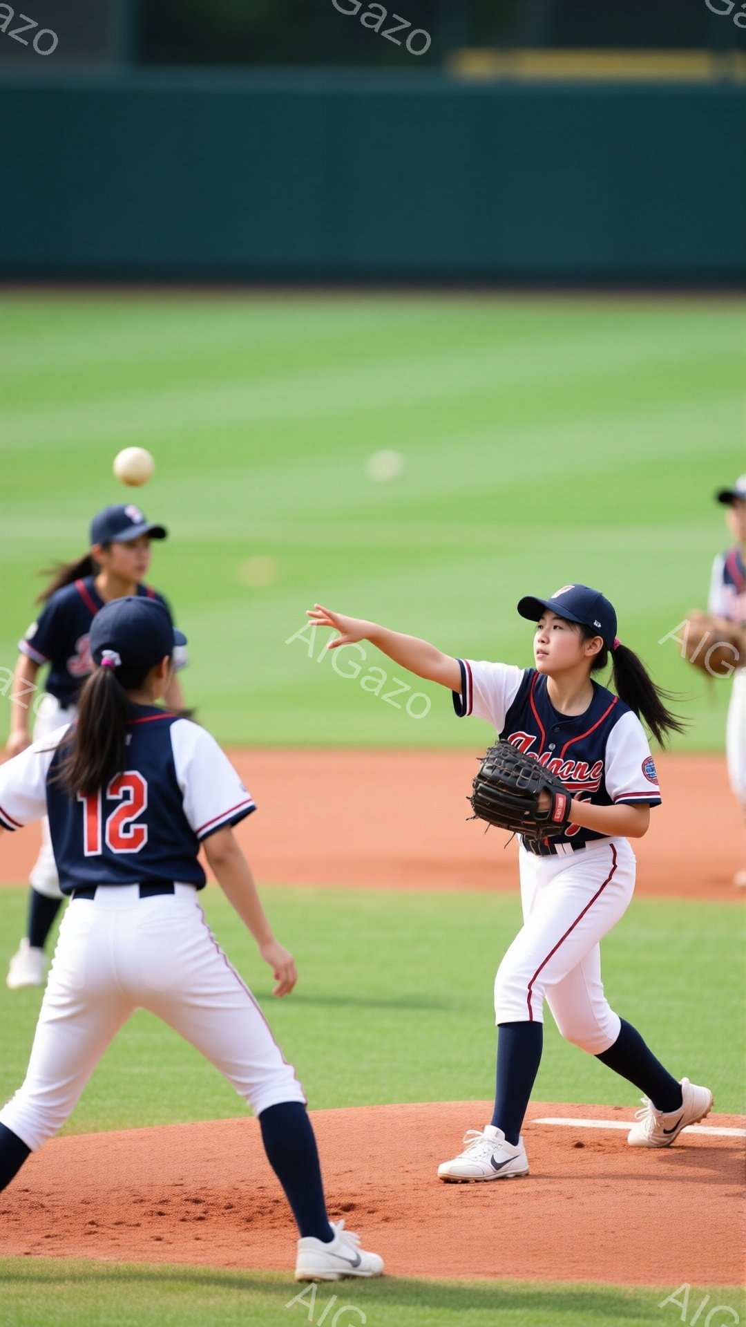野球の試合中の女性プレーヤーが写っている。彼女は黒いユニフォームと赤い帽子を着用し、髪はポニーテールにしている。彼女はボールを投げる動作をしており、体全体がその動作に集中しているように見える。 - AI生成フリー素材