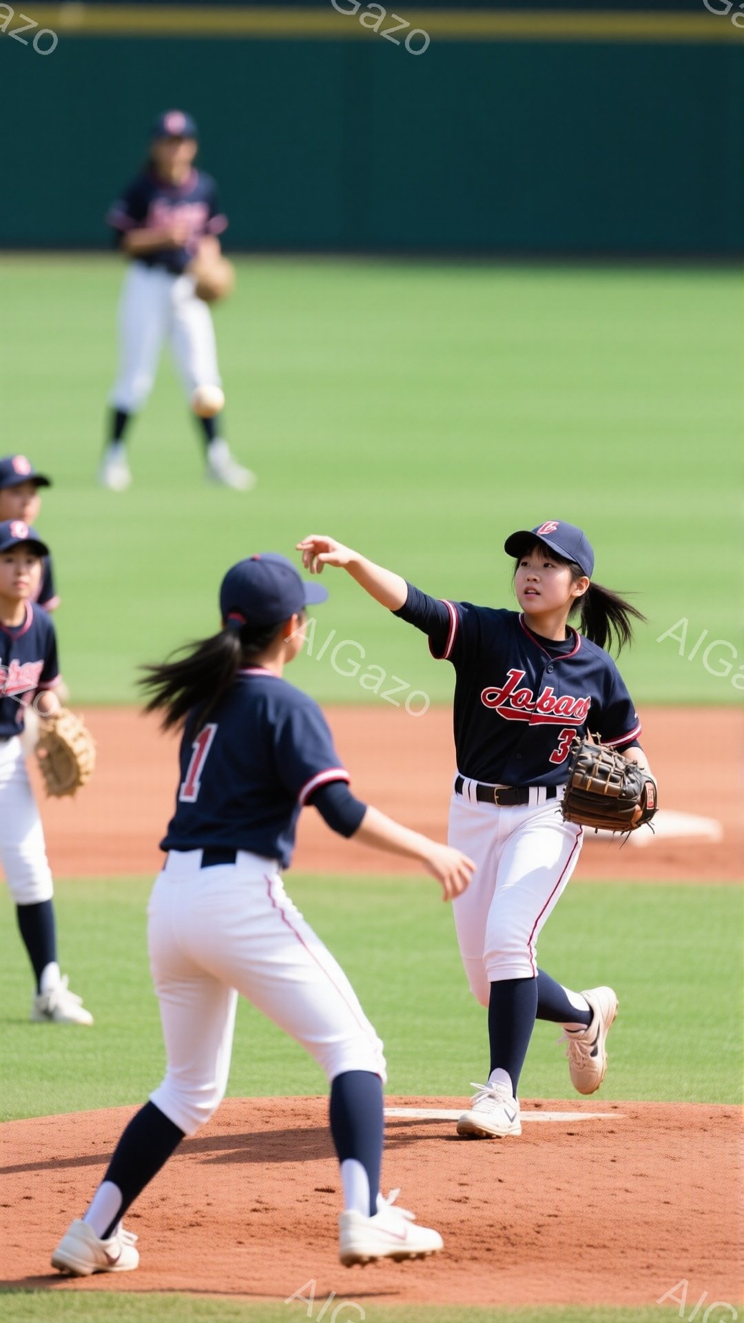 紺色のユニフォームを着た若い野球選手が、野球場で投球の準備をしている。彼女は黒いポニーテールで髪を結い、右手を前に突き出し、集中した表情をしている。背景には緑のグラウンドと、ぼやけた他の選手たちが写っ - AI生成フリー素材