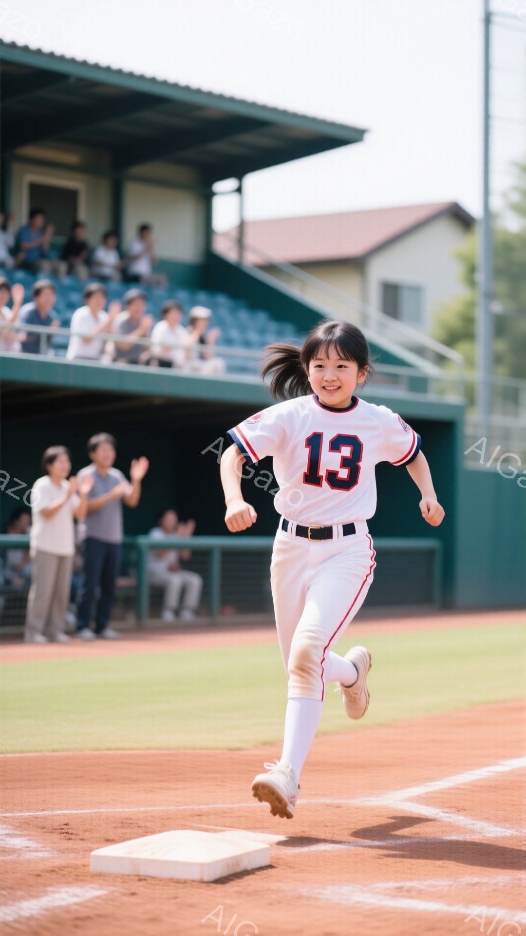 背番号13の野球ユニフォームを着た女の子が、野球場を全力で走っている様子が写っている。彼女は髪をポニーテールにし、満面の笑みを浮かべており、活気に満ちた表情だ。背景には観客席が見え、晴天の下、緑の芝生 - AI生成フリー素材