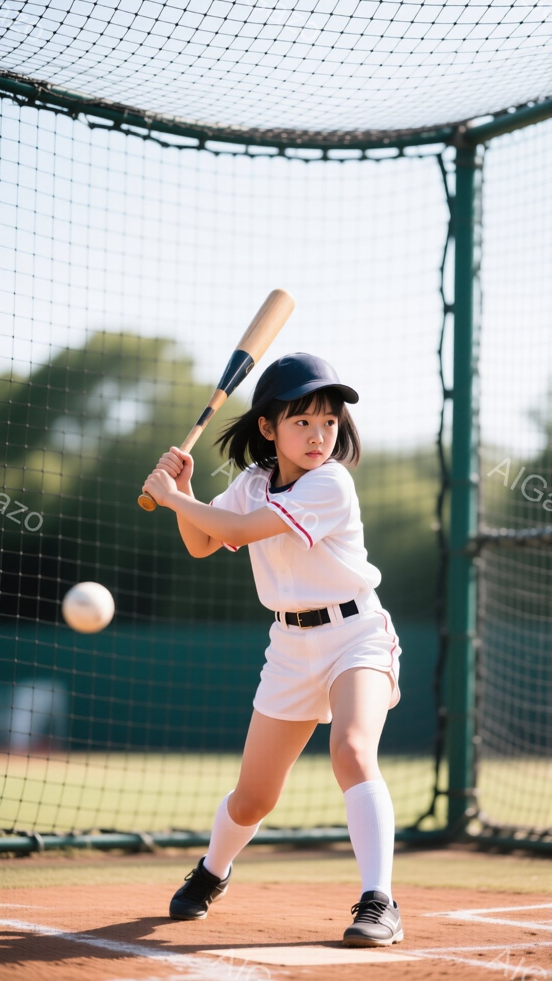 茶髪のショートヘアの少女が野球のバットを構え、スイングの準備をしている。白いユニフォームと膝下までの白いソックス、黒いスニーカーを身に着けており、集中した表情でボールを見つめている。背景には野球のネットと緑豊かな自然が見え、晴れた日の練習風景を表している。
