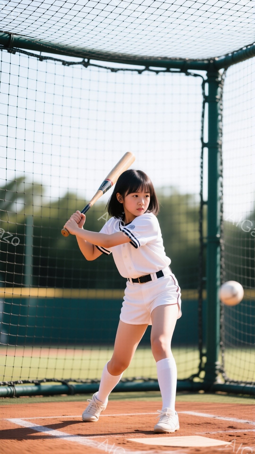 少女は野球のバッティング練習をしている様子で、白いユニフォームに白いハイソックス、スニーカーを履き、髪は後ろで一つに結んでいる。バットを構え、集中した表情でボールを見つめており、背景には緑色のネットと土のグラウンドが見える。全体的に、明るい日差しの中で、練習に励む少女の活気あふれる雰囲気が伝わってくる。