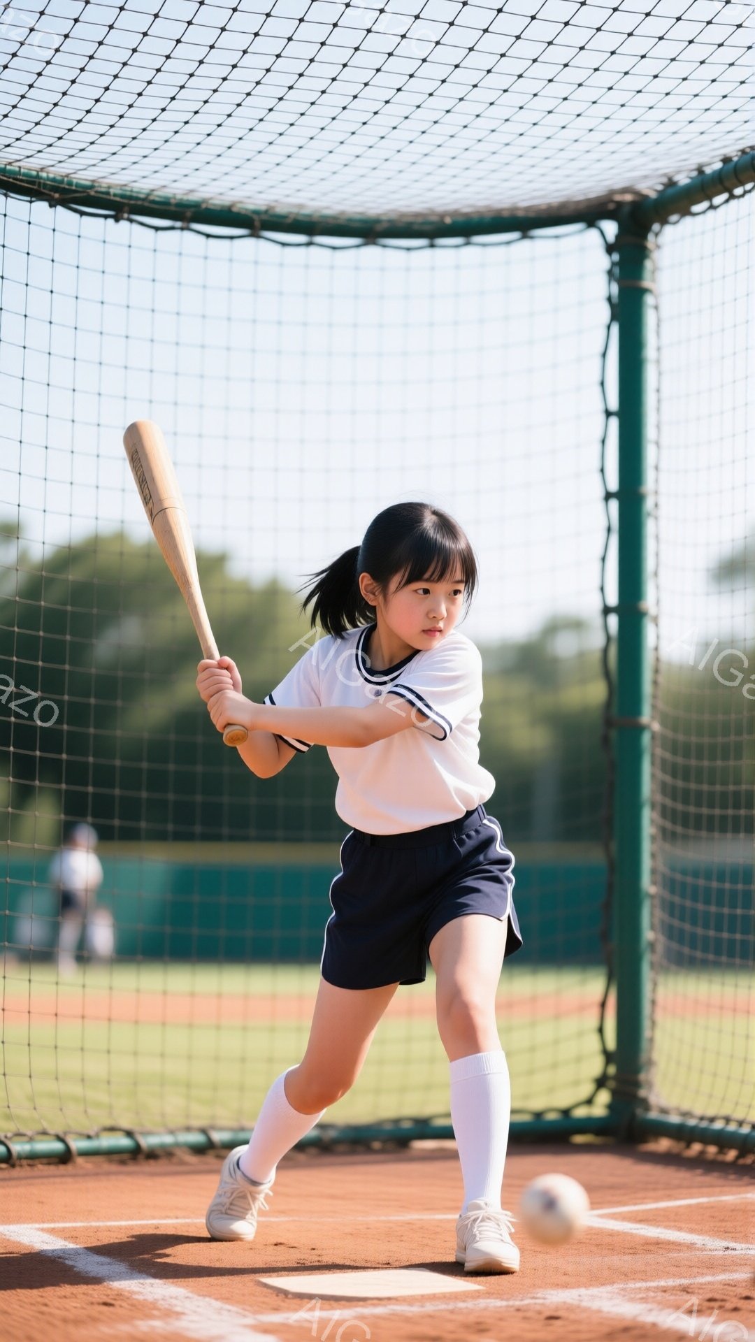 少女は野球のバッティング練習をしている。白いポロシャツに紺色の短パン、白いソックスとスニーカーを履き、髪はポニーテールにしている。彼女はバットを振りかぶり、真剣な表情でボールを見つめている。 - AI生成フリー素材