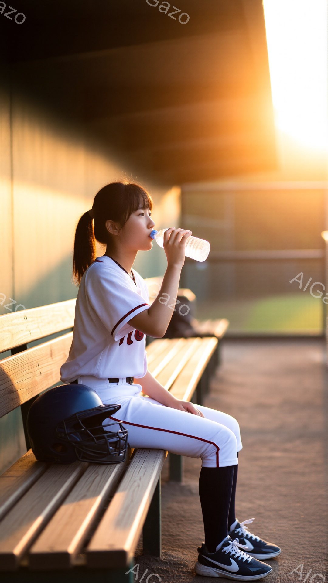 少女は野球のベンチに座り、ペットボトルから水を飲んでいます。彼女は白い野球ユニフォーム、黒いレッグウォーマー、スニーカーを履いており、髪はポニーテールに結ばれています。背景には緑のフィールドと夕焼けが広がり、全体的に穏やかでリラックスした雰囲気が漂っています。