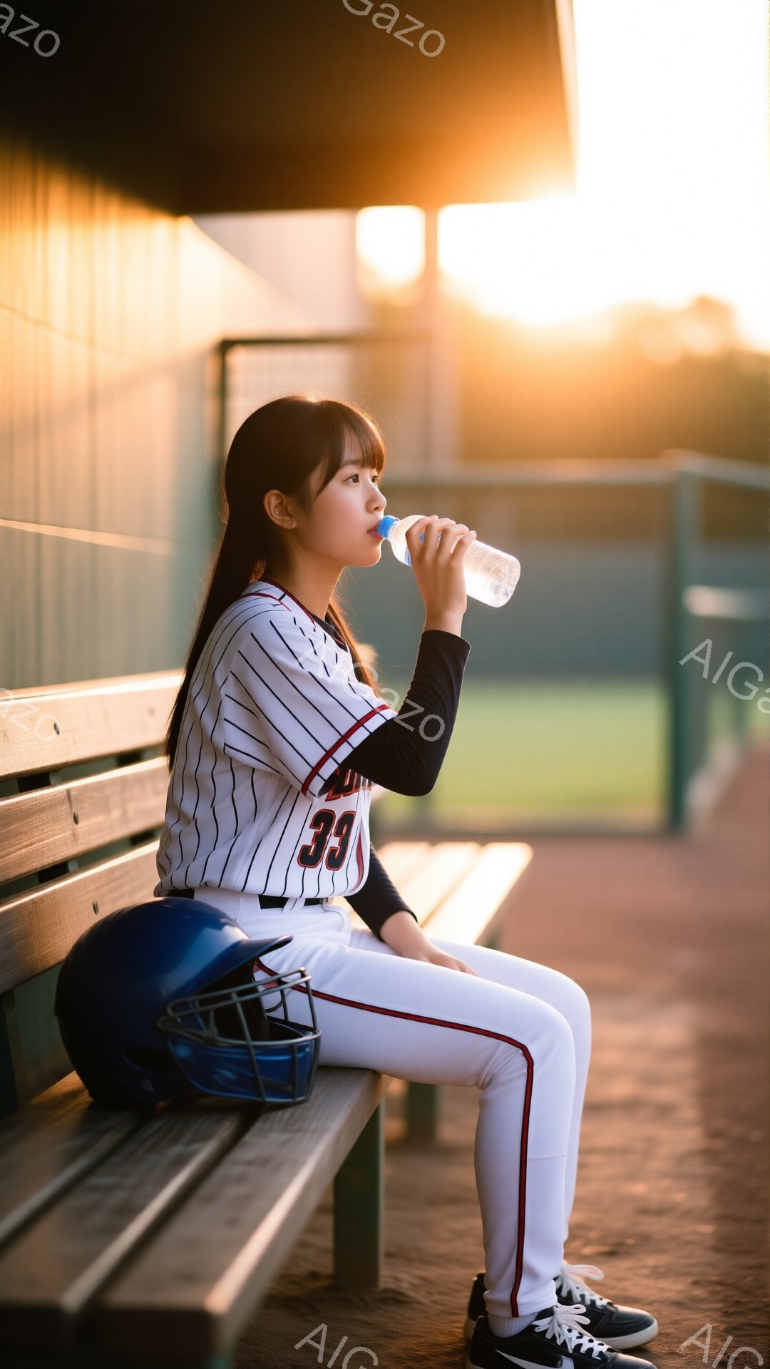 長い黒髪をサイドでまとめ、野球ユニフォームと白のパンツを着用した若い女性がベンチに座っています。彼女はペットボトルの水を飲み、少し疲れた表情をしています。背景には野球場と夕焼けが広がり、穏やかで少しノスタルジックな雰囲気です。