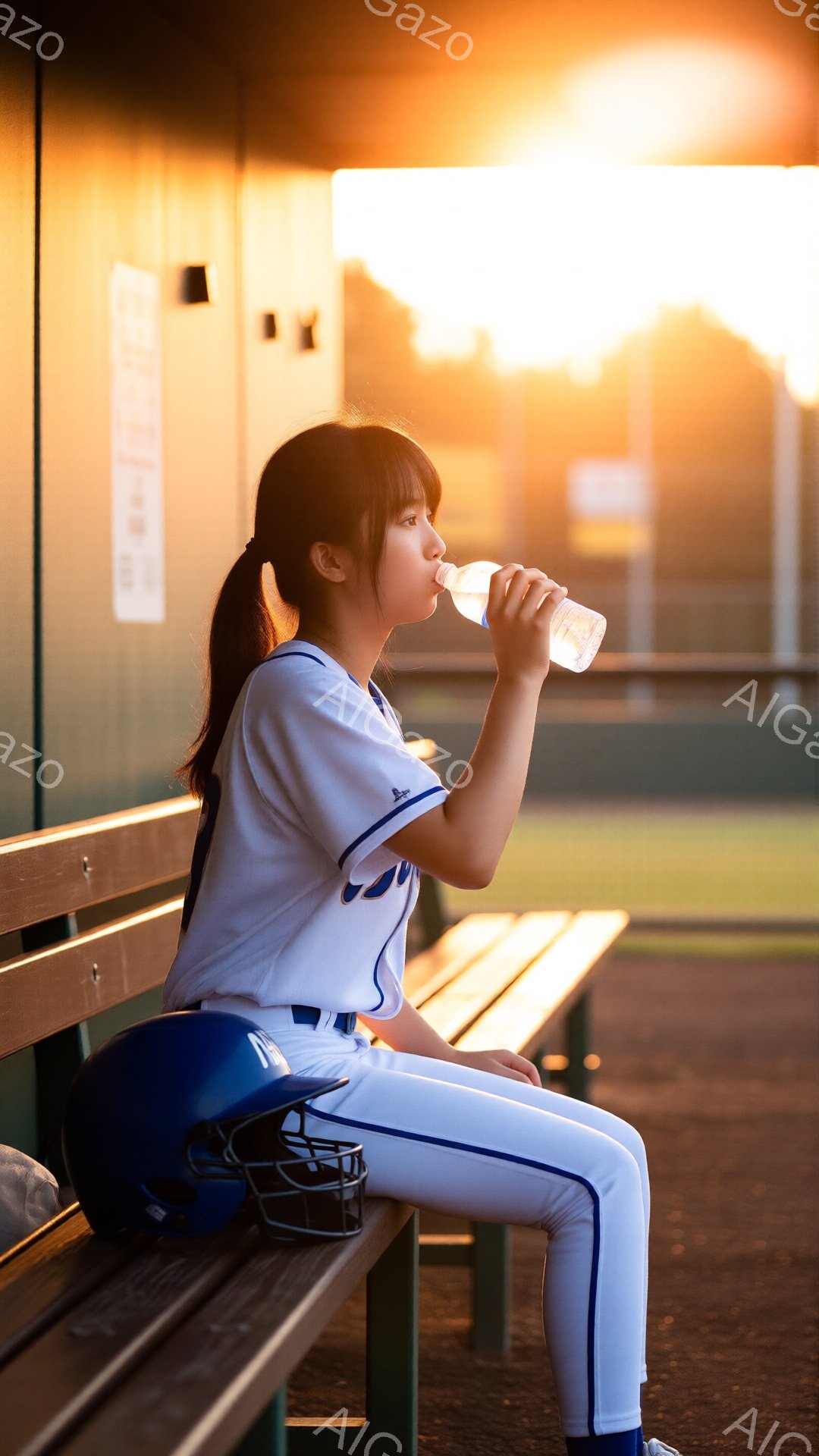 少女は野球のベンチに座り、ペットボトルから水を飲んでいます。彼女は白い野球ユニフォームと紺色のパンツを着用し、髪はポニーテールに結ばれています。背景には緑のフィールドと夕焼けの空が広がり、暖かい光が彼女を照らしています。