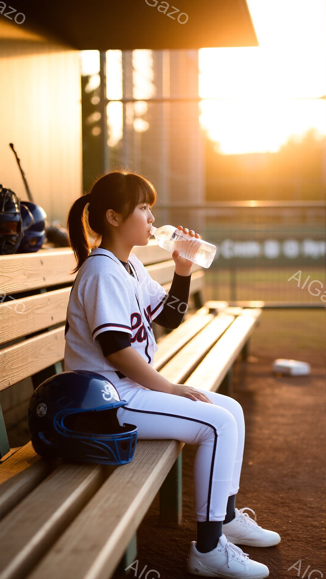 白いベンチに座る少女は、黒いユニフォームと白いパンツ姿で、水を飲んでいます。彼女は髪をポニーテールにし、リラックスした表情で試合の合間の休憩を楽しんでいるようです。背景には野球場が見え、夕日のような暖かい光が差し込み、穏やかで希望に満ちた雰囲気を醸し出しています。