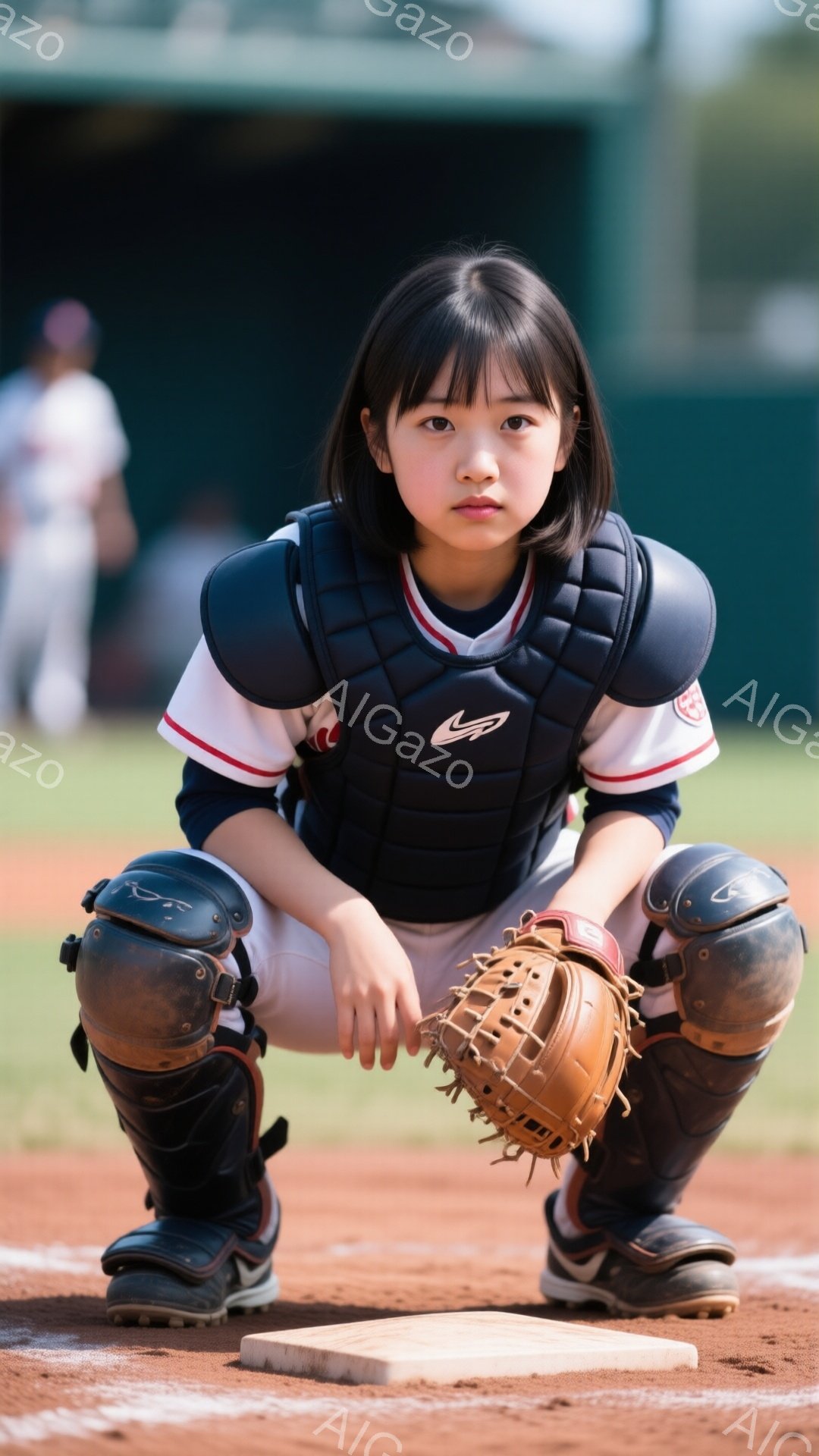 黒髪を肩の長さで切りそろえた少女が、野球のキャッチャーとして構えている。紺色のキャッチャーガード、レッグガード、プロテクターを身につけ、膝を曲げて、グラブを構え、集中した表情で前方を見つめている。背景には緑の芝生と野球場、そしてぼんやりとした人物が確認でき、晴れた日の練習風景を思わせる。