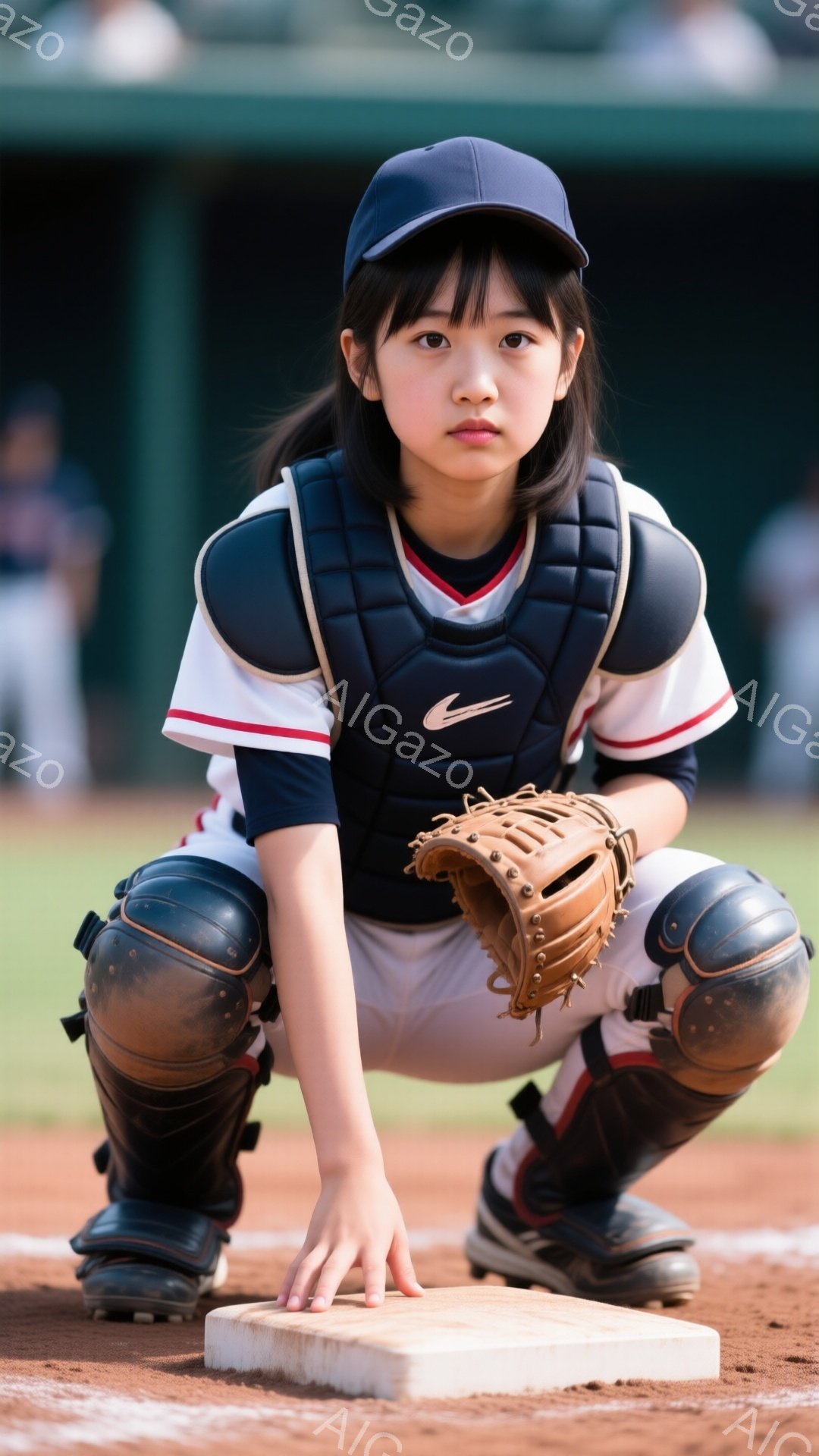 少女は野球のキャッチャーとして、ひざまずいて構えています。紺色のベースボールシャツに白いパイピング、黒のレッグガードとプロテクターを身に着け、キャップを被っています。背景には緑の芝生とぼやけた観客席が見え、晴れた日の野球場の活気ある雰囲気が感じられます。