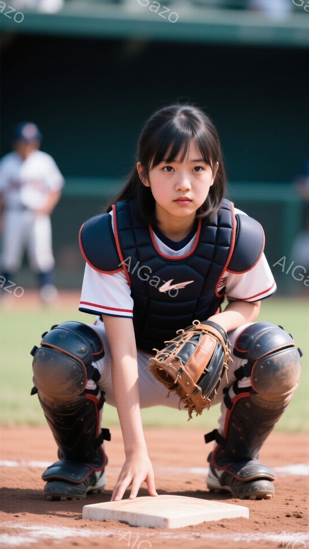 黒髪をポニーテールにした少女が野球のキャッチャーとして、膝をついて構えています。白いシャツに黒のプロテクターとレッグガードを着用し、右手にはグローブ、左手はホームベースに触れています。背景には野球場と - AI生成フリー素材