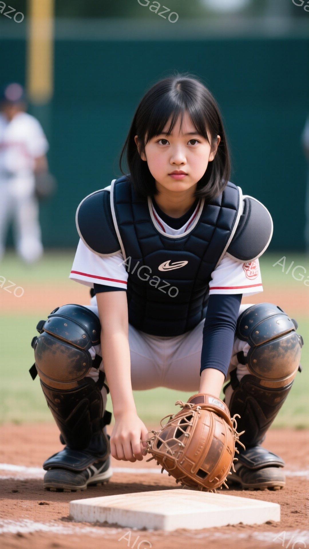 黒髪を肩まで伸ばした少女が、野球のキャッチャーの防具を身につけて、土のグラウンドに膝をついて座っています。黒い長袖シャツに白いズボン、そして胸、肩、膝のプロテクターを着用し、手には野球のグローブを持っています。背景には、緑の草とぼやけた観客席が見え、晴れた日の野球場の雰囲気が伝わってきます。
