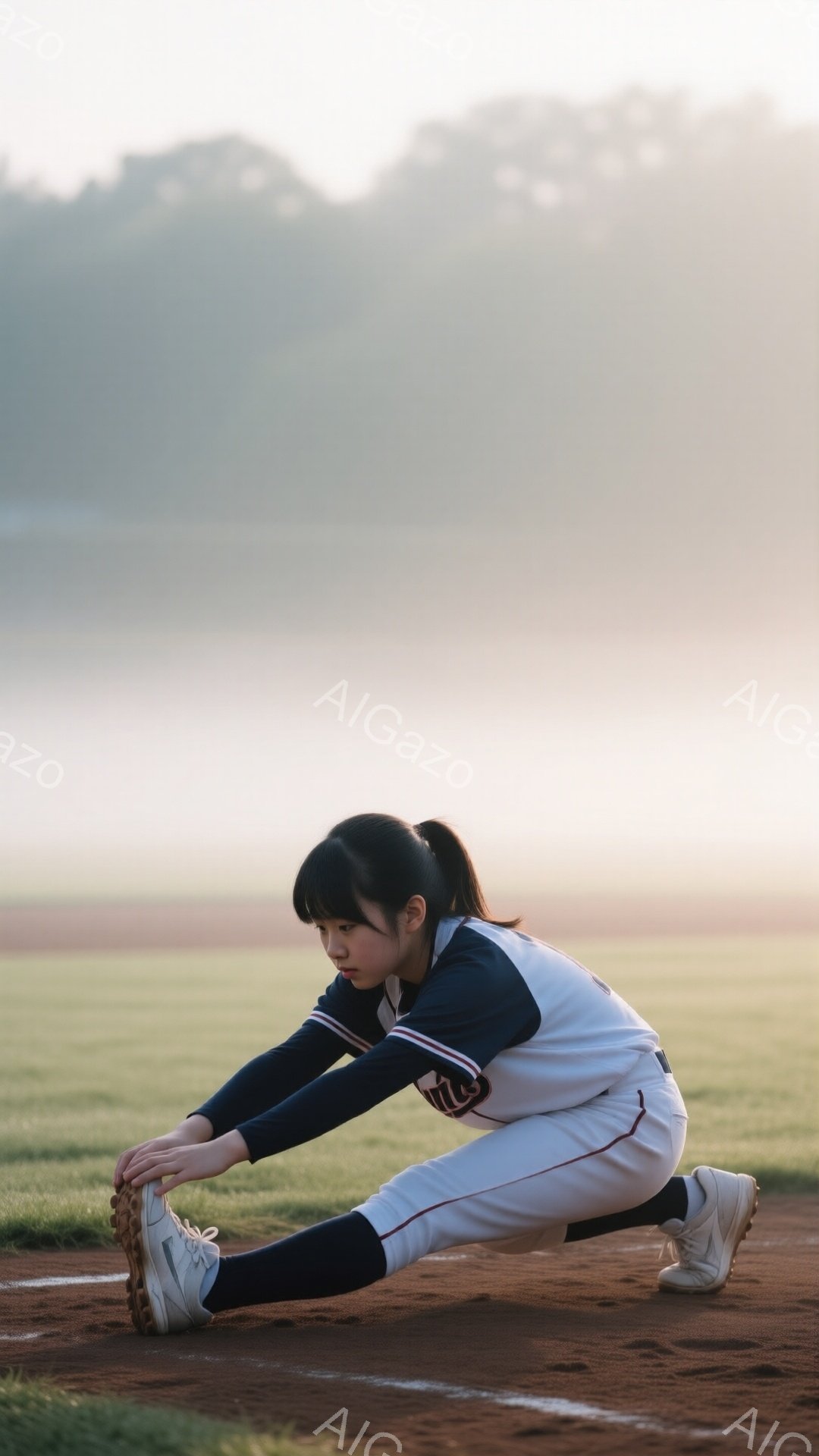 少女は野球のユニフォーム姿で、片膝をつき、もう片方の足を伸ばしてストレッチをしている。黒髪をポニーテールにし、真剣な表情で前を見据えている。背景は朝靄のかかった緑のフィールドで、競技場の土の部分と霞んだ遠景が広がっており、静かで集中した雰囲気が漂っている。