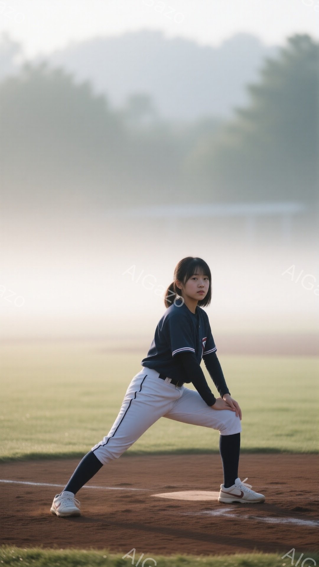 若い女性が野球場で構えています。紺色の長袖ユニフォームに白いズボン、白い靴下とスニーカーを履き、髪は後ろでポニーテールに結ばれています。背景は朝霧に包まれた緑のフィールドで、全体的に静かで集中した雰囲気が漂っています。