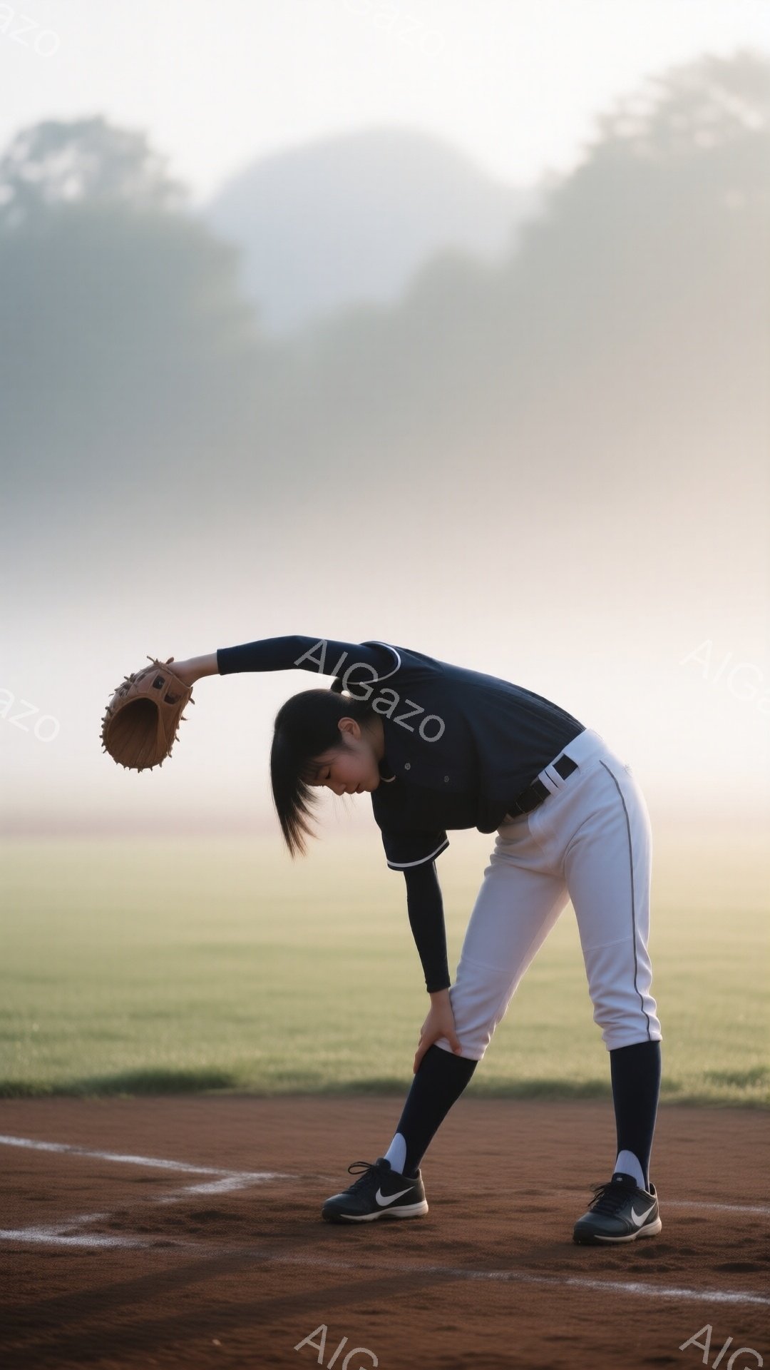 少女は野球場でストレッチをしている。紺色のユニフォーム、白いズボン、黒いソックスとスニーカーを身に着けており、髪は後ろで一つにまとめられている。背景には緑色のグラウンドと朝霧が立ち込めており、静かで落ち着いた雰囲気が漂っている。