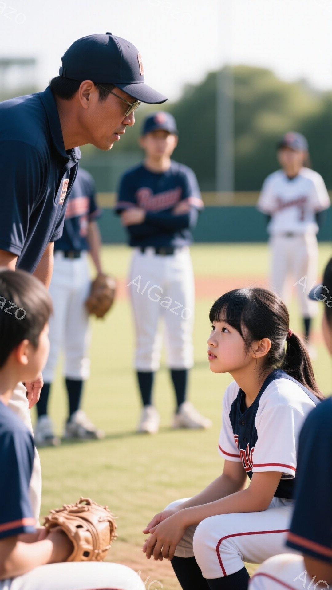 野球の練習風景で、監督らしき男性が少女に何か話しかけている。少女は黒い髪をポニーテールにし、やや緊張した表情で地面を見つめている。背景には緑のグラウンドと、他の野球少年たちがぼんやりと見える。