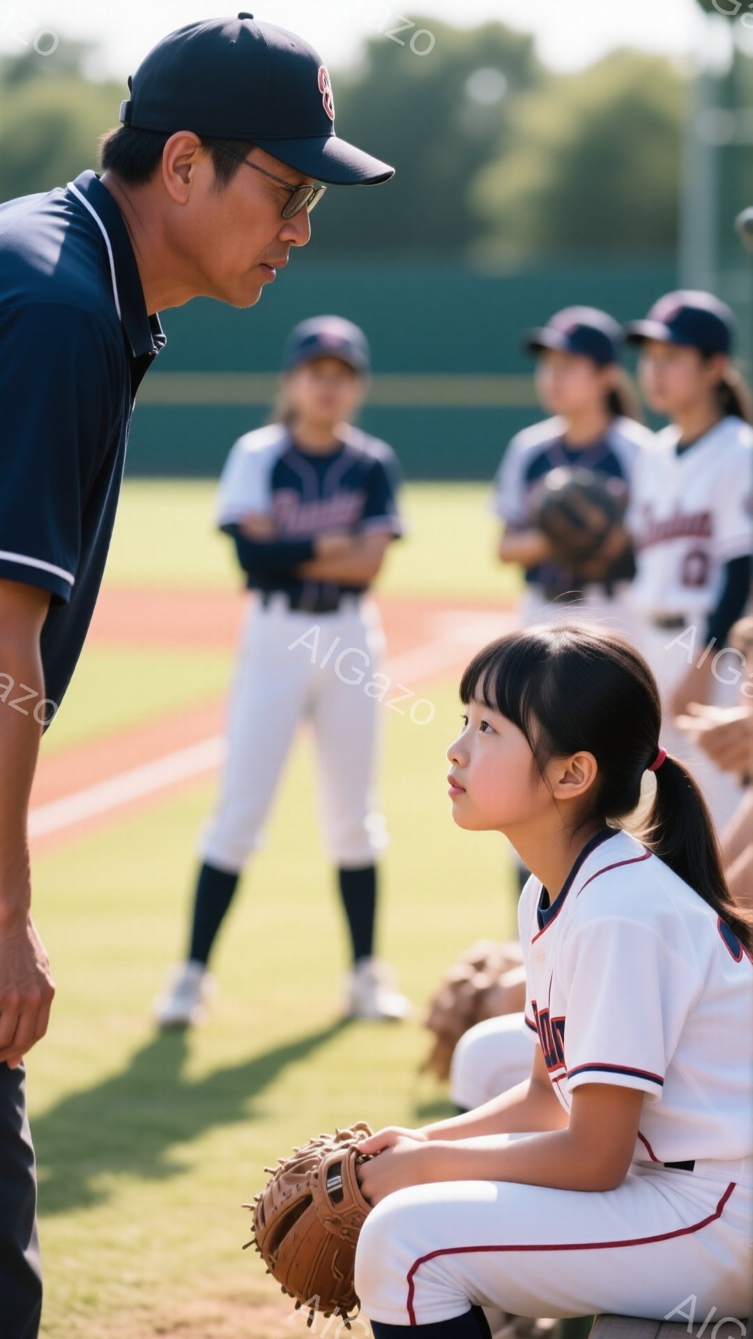一人の野球のコーチが、若い女の子の野球選手と向き合って話しています。女の子はユニフォームを着て、膝を抱え、少し悲しそうな表情をしています。背景には、他のユニフォームを着た若い野球選手たちがぼんやりと見え、青空の下、緑の野球場にいる様子がわかります。