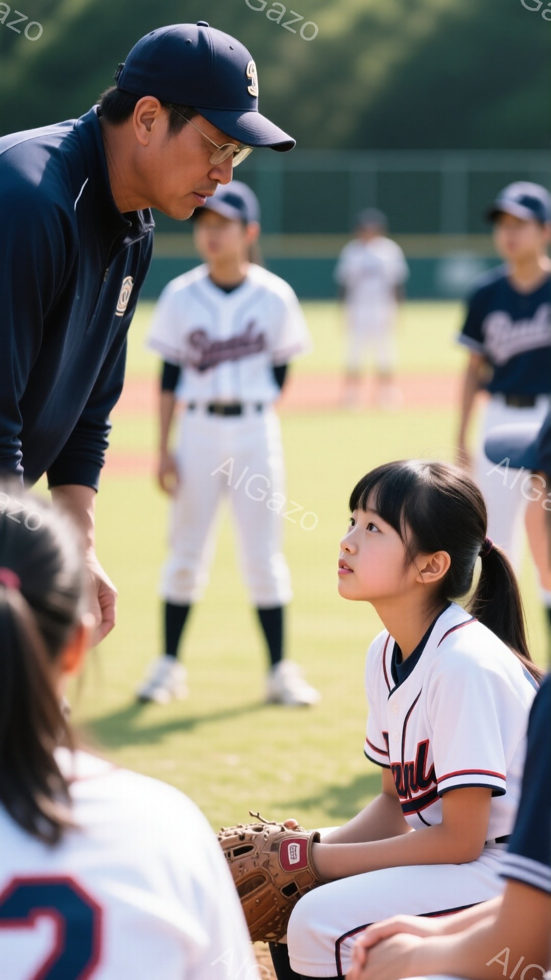 一人の野球のコーチが、若い女子選手にしゃがんで話しかけている。コーチは紺色の帽子とトレーナーを着ており、選手は白とワインレッドのユニフォームを着てポニーテールにしている。背景には他の野球選手たちが練習している様子がぼやけて見え、晴れた日の緑豊かな野球場である。