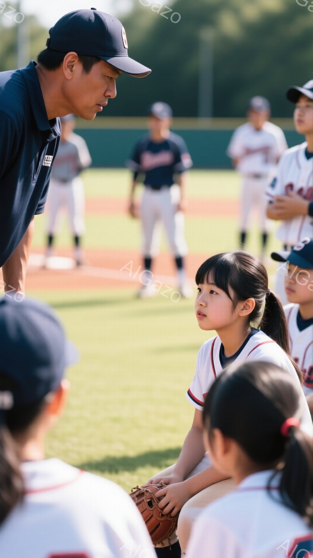 野球の練習風景で、コーチが少女に何かを話しかけている様子が写っている。少女は膝を曲げて座り、ベースボールグローブを抱え、真剣な表情でコーチを見上げている。背景には、他の子供たちがユニフォーム姿で練習している姿や、緑豊かな野球場、そして晴天の空が広がっている。