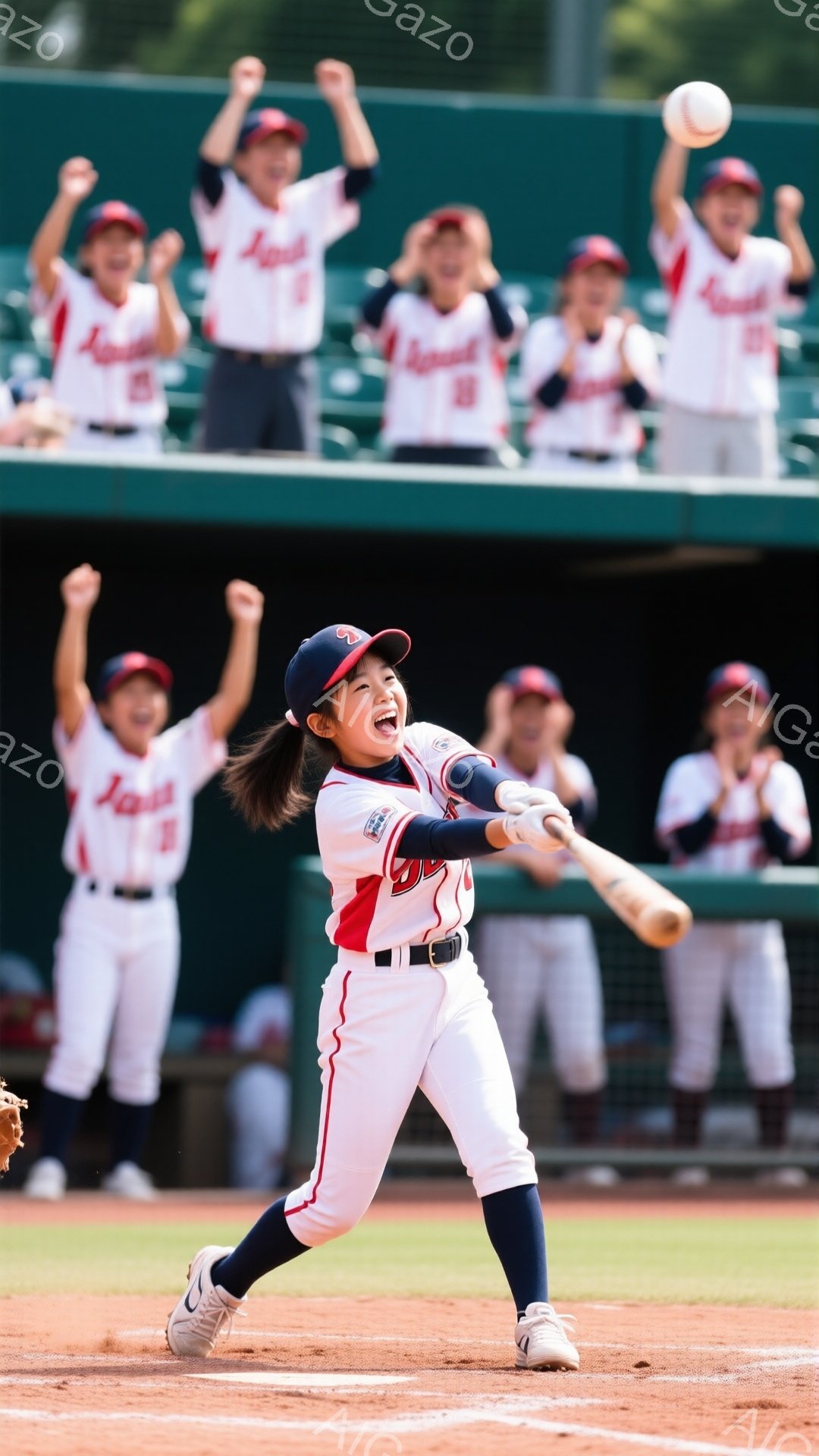 少女は野球のバッターボックスに立ち、大きくスイングしている。赤と白のユニフォームを着用し、髪はポニーテールに結ばれており、顔には力強い笑顔が見られる。背景には、同じユニフォームを着たチームメイトが応援 - AI生成フリー素材