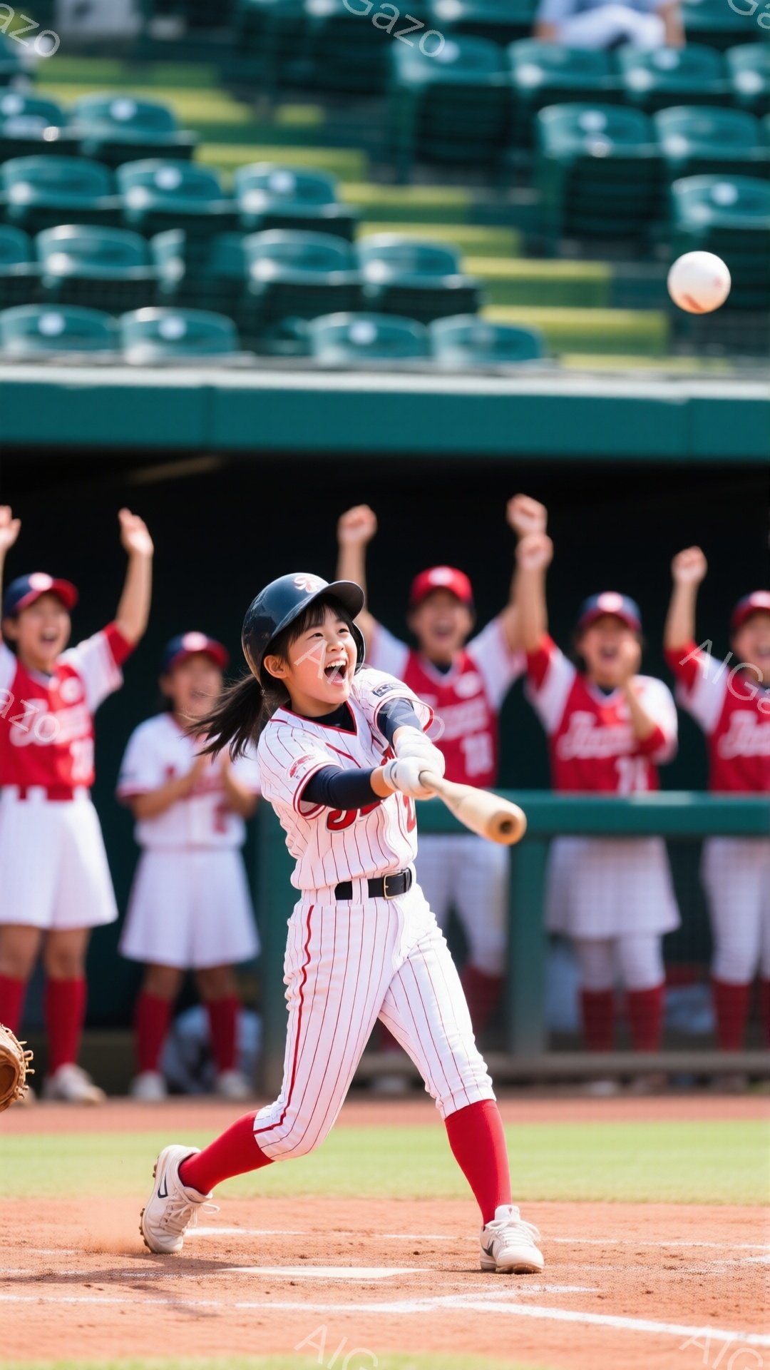 野球場でバッターボックスに立つ少女が写っている。赤いストライプのユニフォーム、白いレッグウォーマー、スニーカーを身に着け、黒い帽子をかぶり、髪はポニーテールにしている。力強くバットを振り、笑顔で、背景 - AI生成フリー素材