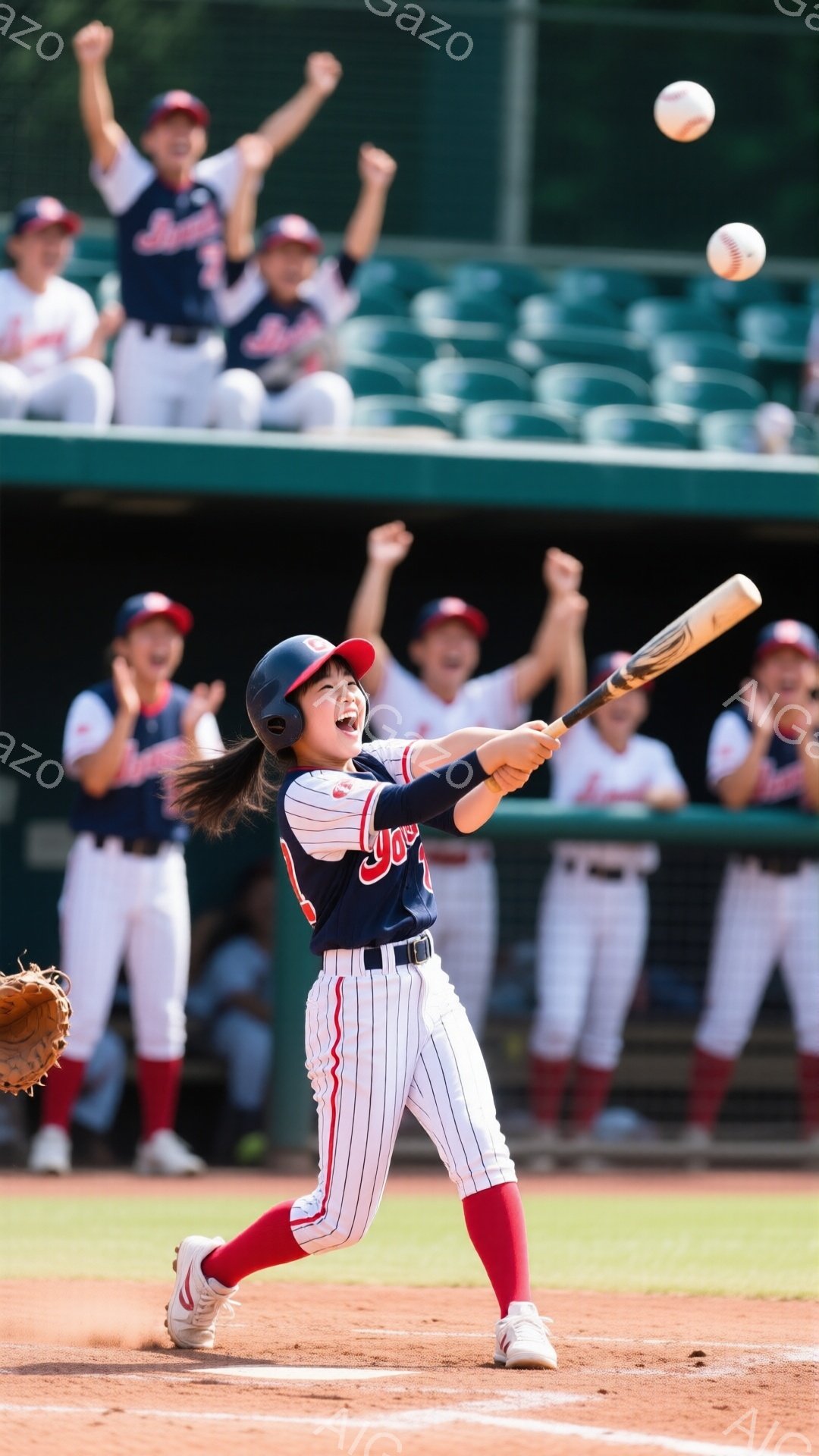 少女は野球の打席に立ち、バットを力強く振り抜こうとしている。紺色のストライプのユニフォームに赤いソックス、黒いヘルメットを着用し、髪はポニーテールにしている。背景にはチームメイトが応援しており、緑の芝 - AI生成フリー素材