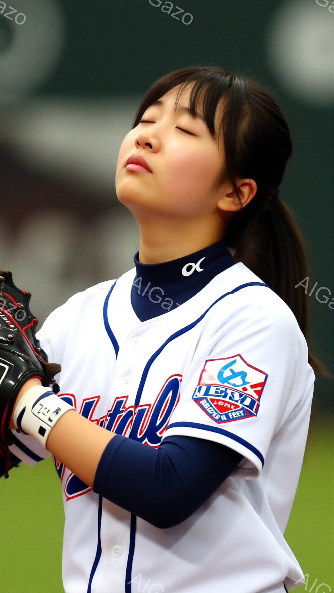 白を基調とした野球ユニフォームに、青い袖と赤いラインが入った女性が写っている。髪はポニーテールにされ、顔は上向きで、少し目を閉じ、何かを祈っているような表情をしている。背景は緑色の芝生と観客席で、野球 - AI生成フリー素材