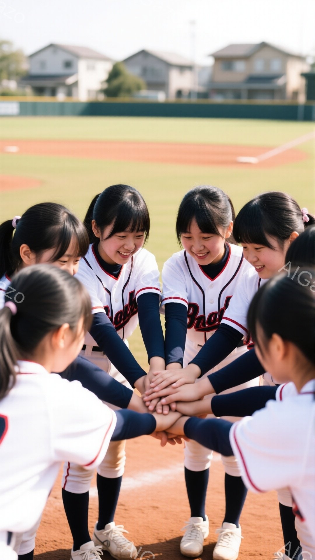 紺色の野球ユニフォームと白いズボンを着用した若い女性たちのグループが、野球場の土の上で円になって手を重ねています。彼女たちは皆笑顔で、髪はポニーテールに結ばれています。背景には緑のフィールドと遠くに見える建物があり、晴れた日の活気のある雰囲気です。