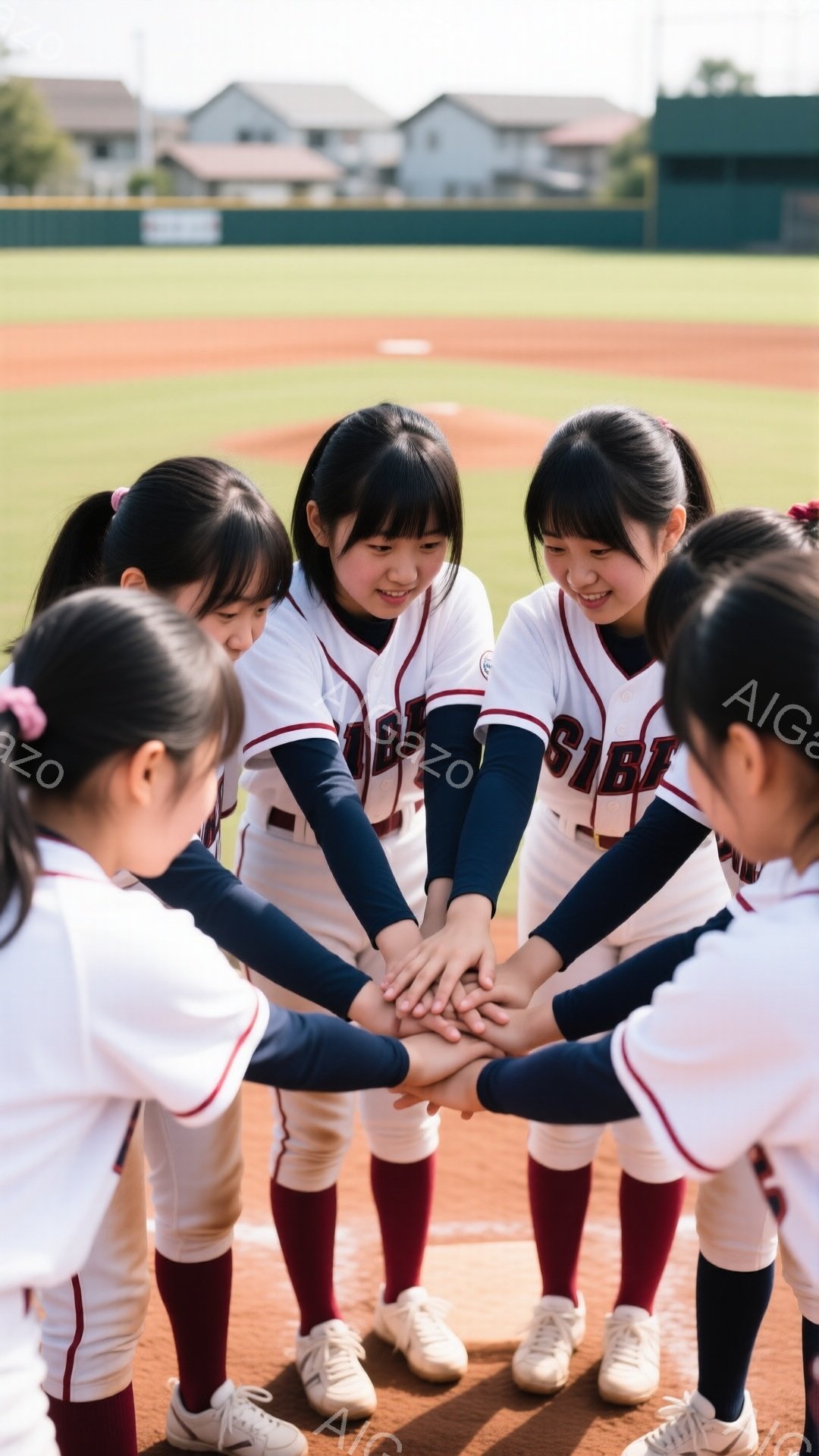 女子野球チームのメンバーが円になって手をつないでいる様子が写っている。彼女たちは白い野球ユニフォームに赤いラインが入ったものを着ており、髪はポニーテールにしている。背景には緑の野球場と住宅地が見え、晴れた日の穏やかな雰囲気が伝わってくる。
