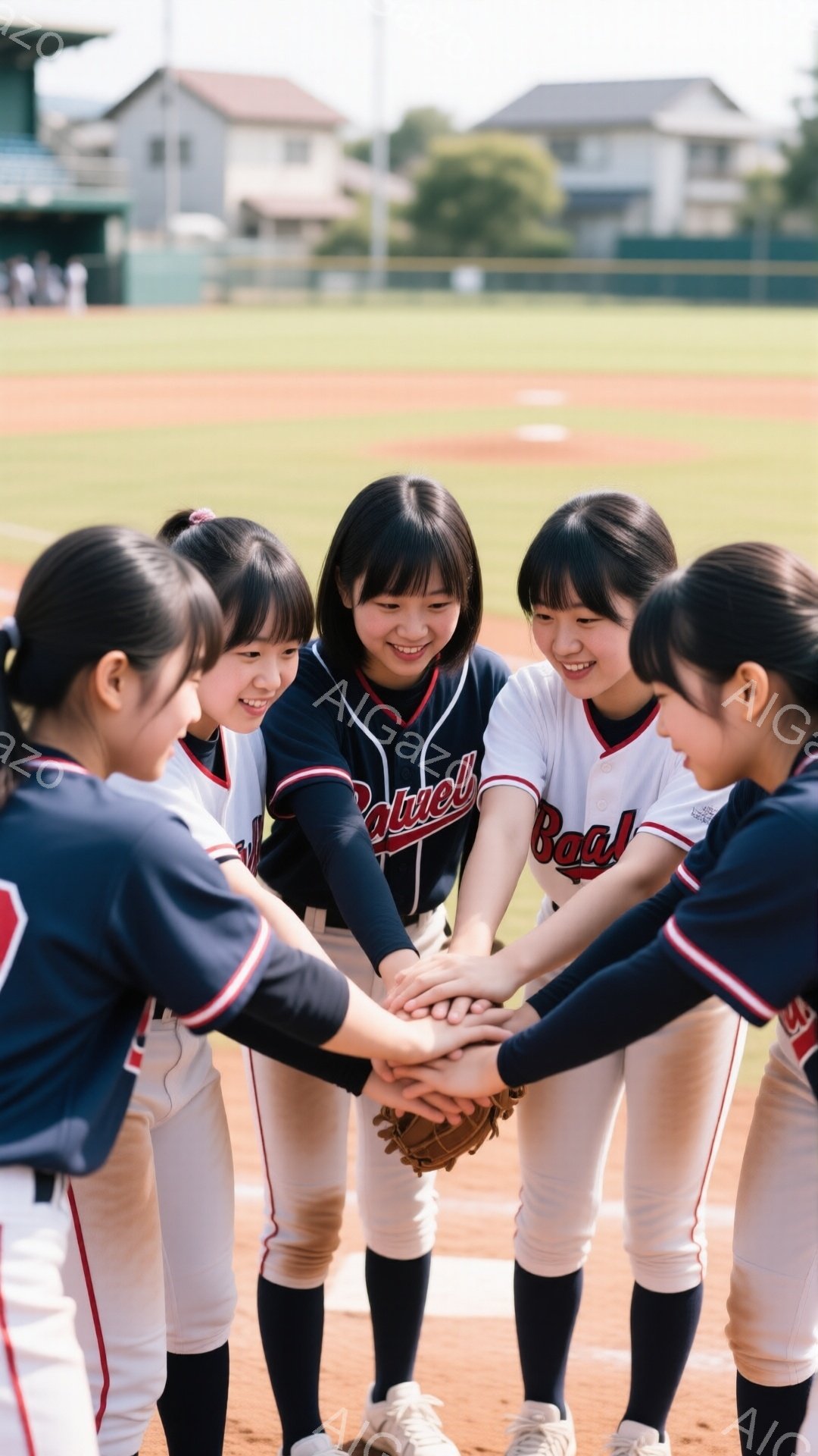紺色の野球ユニフォームを着用した若い女性たちのグループが、円陣を組み、互いに手を重ねています。彼女たちは皆、笑顔で活気に満ちており、チームの一体感が感じられます。背景には野球場があり、緑の芝生と遠くの - AI生成フリー素材