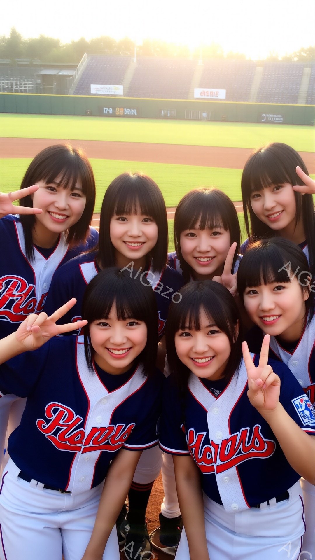 画像には、紺色の野球ユニフォームを着た若い女性たちが写っています。彼女たちは皆、髪を短くカットし、笑顔でピースサインをしています。背景は野球場であり、緑の芝生と観客席が見え、夕焼け空が暖かく、チームの勝利を祝うような活気のある雰囲気が漂っています。